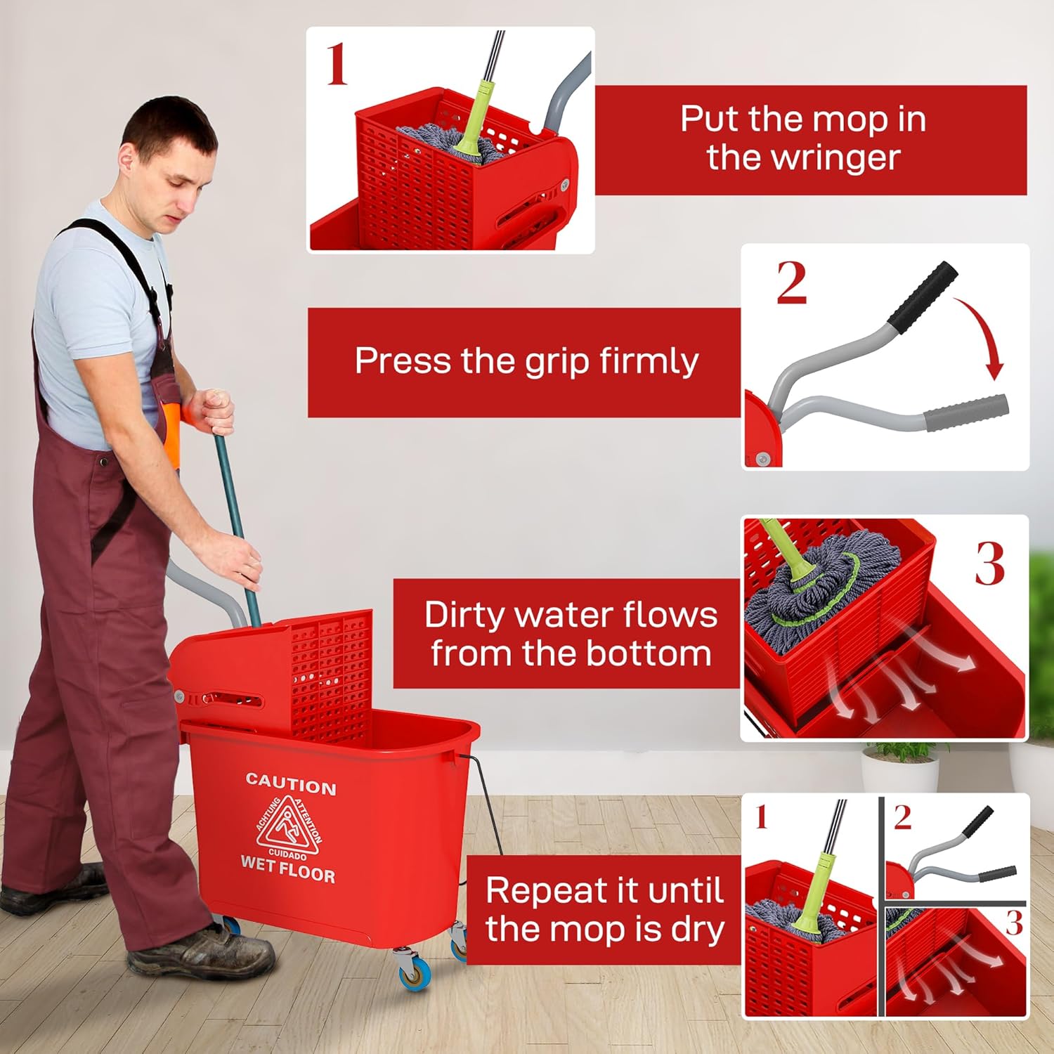 HOMCOM Compact Mop Bucket with Wringer on Wheels for Floor Cleaning, 21 Quart, Separate Dirty and Clean Water, for Home, Apartment, Red