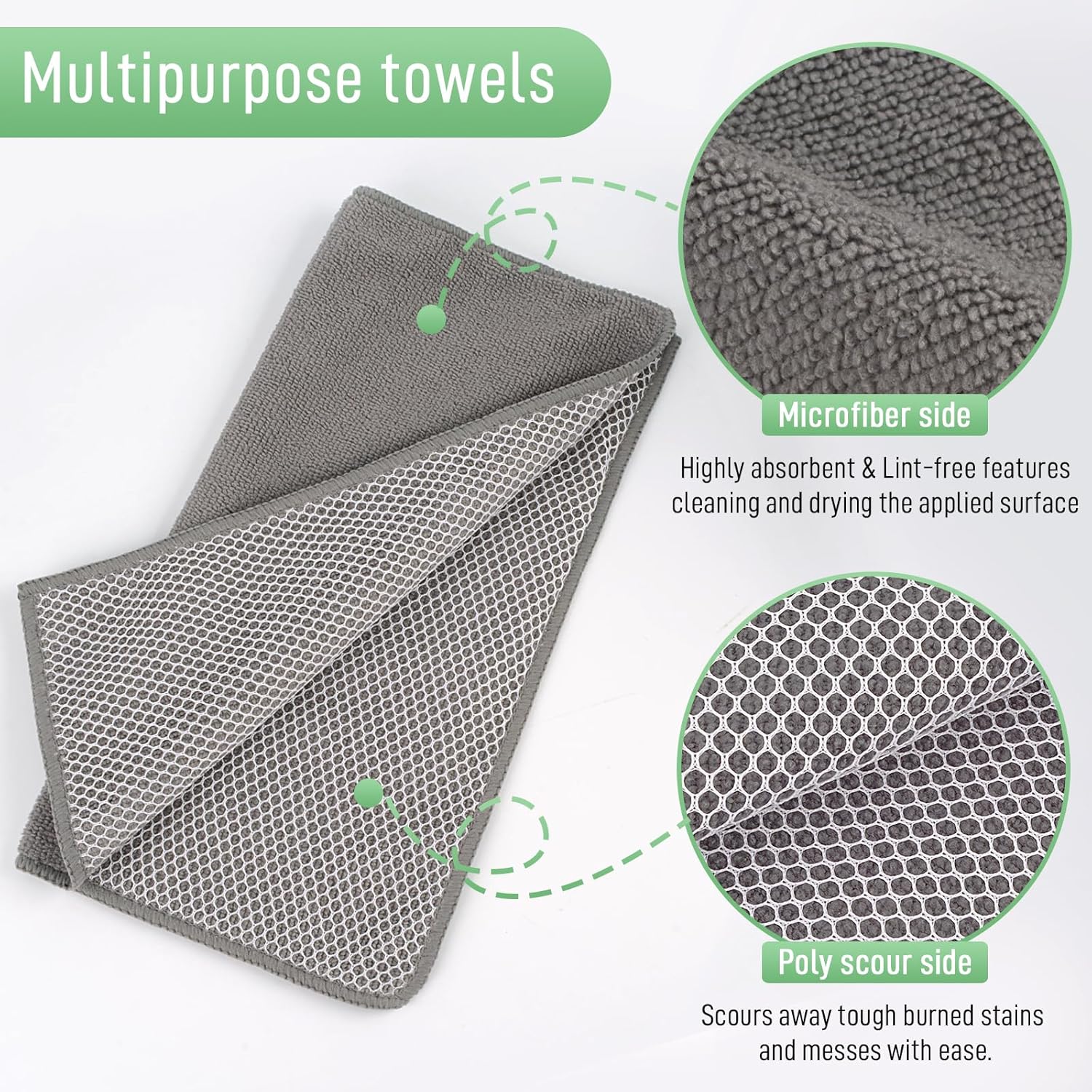 SINLAND Absorbent Microfiber Dish Cloths for Washing Dishes Best Kitchen Washcloth Cleaning Cloths with Poly Scour Side 12Inchx12 Inch 5 Pack, Grey