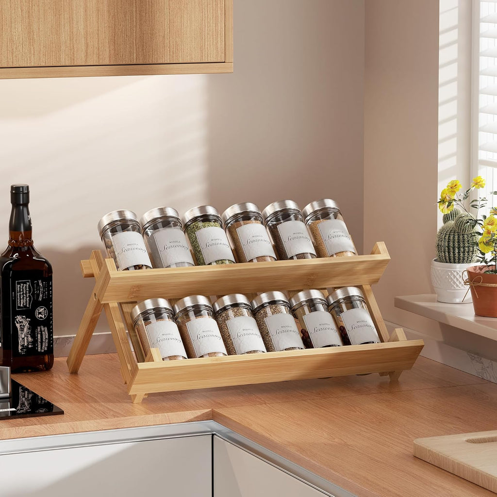 MUDEELA Bamboo Spice Rack Organizer for Cabinet, X-Shaped Foldable Spice Organization, 2 Tier Seasoning Organizer for Kitchen Counter
