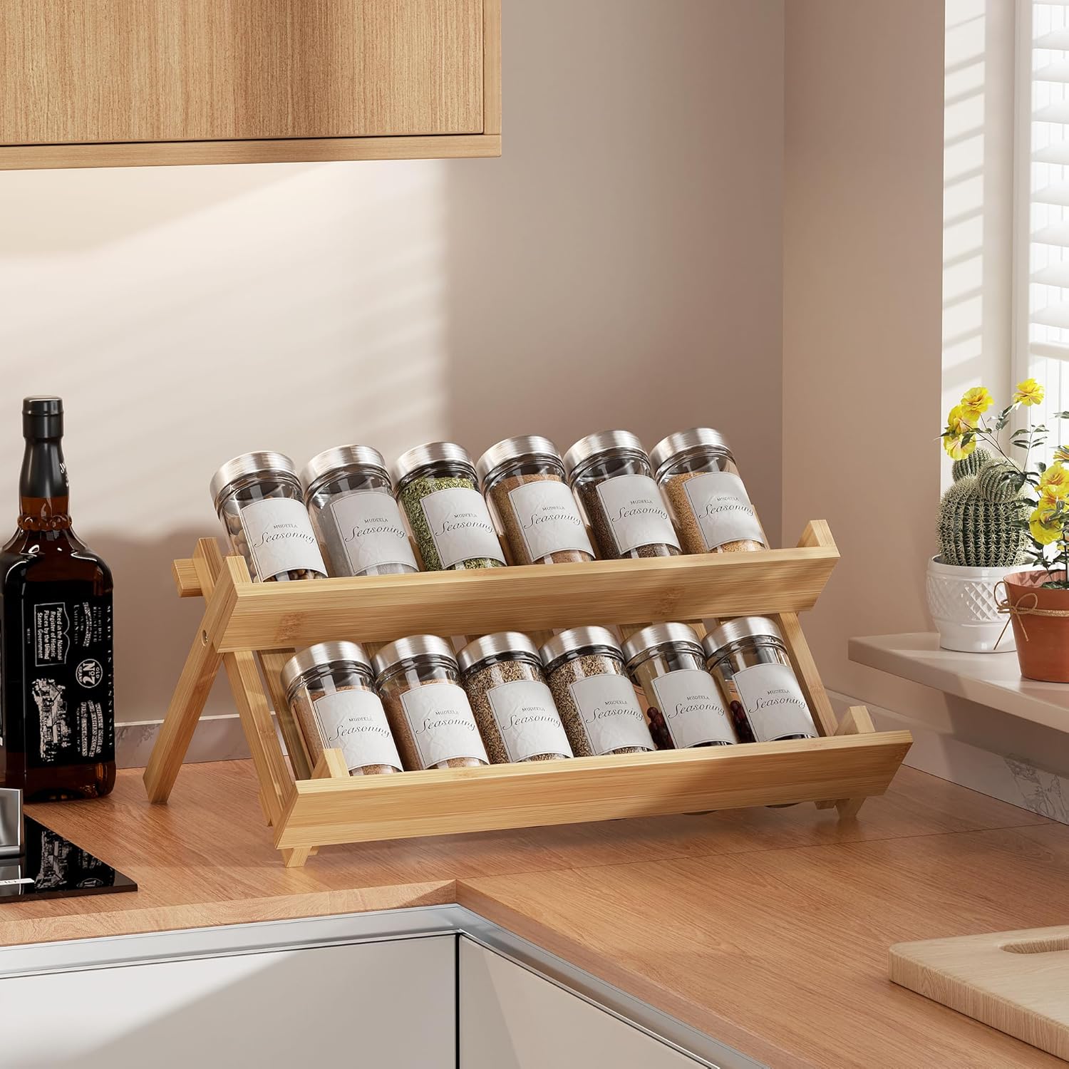 MUDEELA Bamboo Spice Rack Organizer for Cabinet, X-Shaped Foldable Spice Organization, 2 Tier Seasoning Organizer for Kitchen Counter