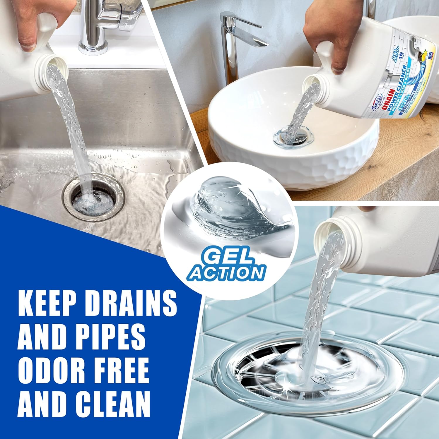 SANI 360° Drain Power Cleaner, Enzyme Gel Formula, Deodorizer, Stops Clogs, Odor, Grease, Soap Scum, Save Money on Plumbing, Safe for Pipes and Septic, Made in the USA, 16 Uses, Lemon Scent