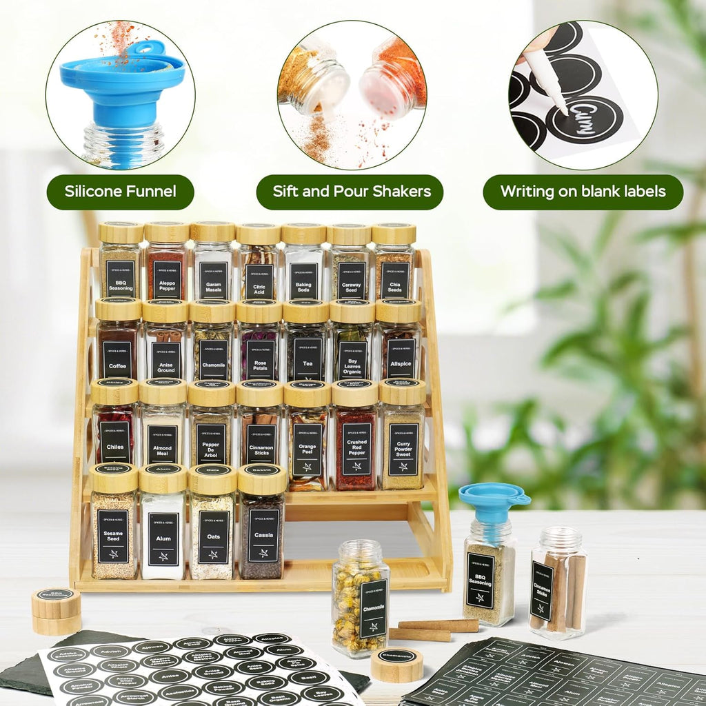 4 Tier Bamboo Spice Rack Organizer with 28 Spice Jars, 780 Labels, Wood Shelf, Chalk Marker and Funnel Set for Cabinet Kitchen Countertop, Empty 4 oz Glass Jars