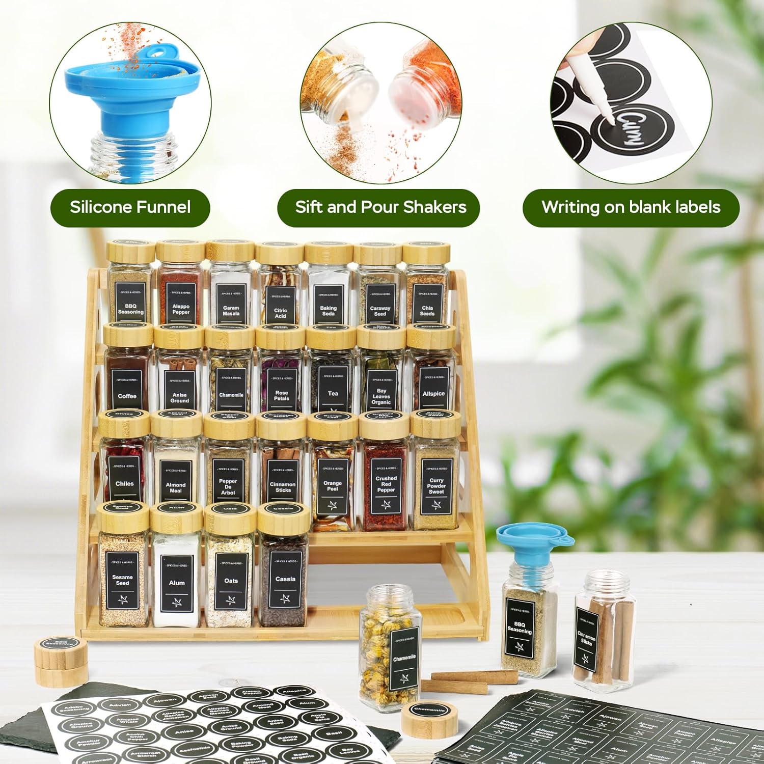 4 Tier Bamboo Spice Rack Organizer with 28 Spice Jars, 780 Labels, Wood Shelf, Chalk Marker and Funnel Set for Cabinet Kitchen Countertop, Empty 4 oz Glass Jars