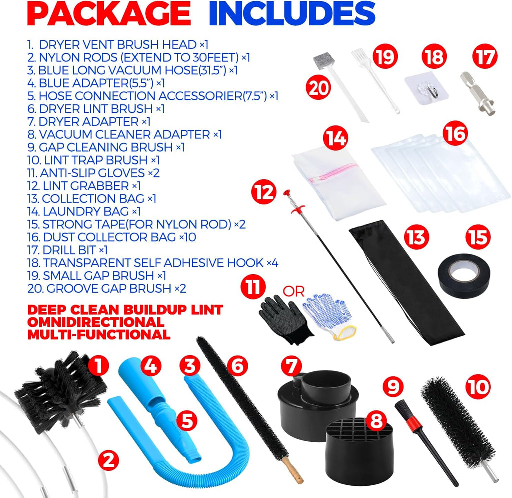 Holikme Dryer Vent Cleaner Kit, Include 30Feet Dryer Vent Cleaning Brush, Dryer Lint Vacuum Attachment, Lint Brush & Dryer Adapters, Blue