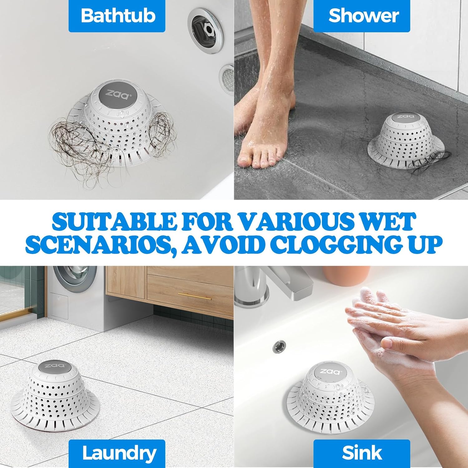 zaa Bathtub Drain Hair Catcher, Premium Silicone Collapsible 1 Pack Drain Protector for Pop-Up and Regular Drains of Shower, Tub, Bathroom, Sink, Light Gray
