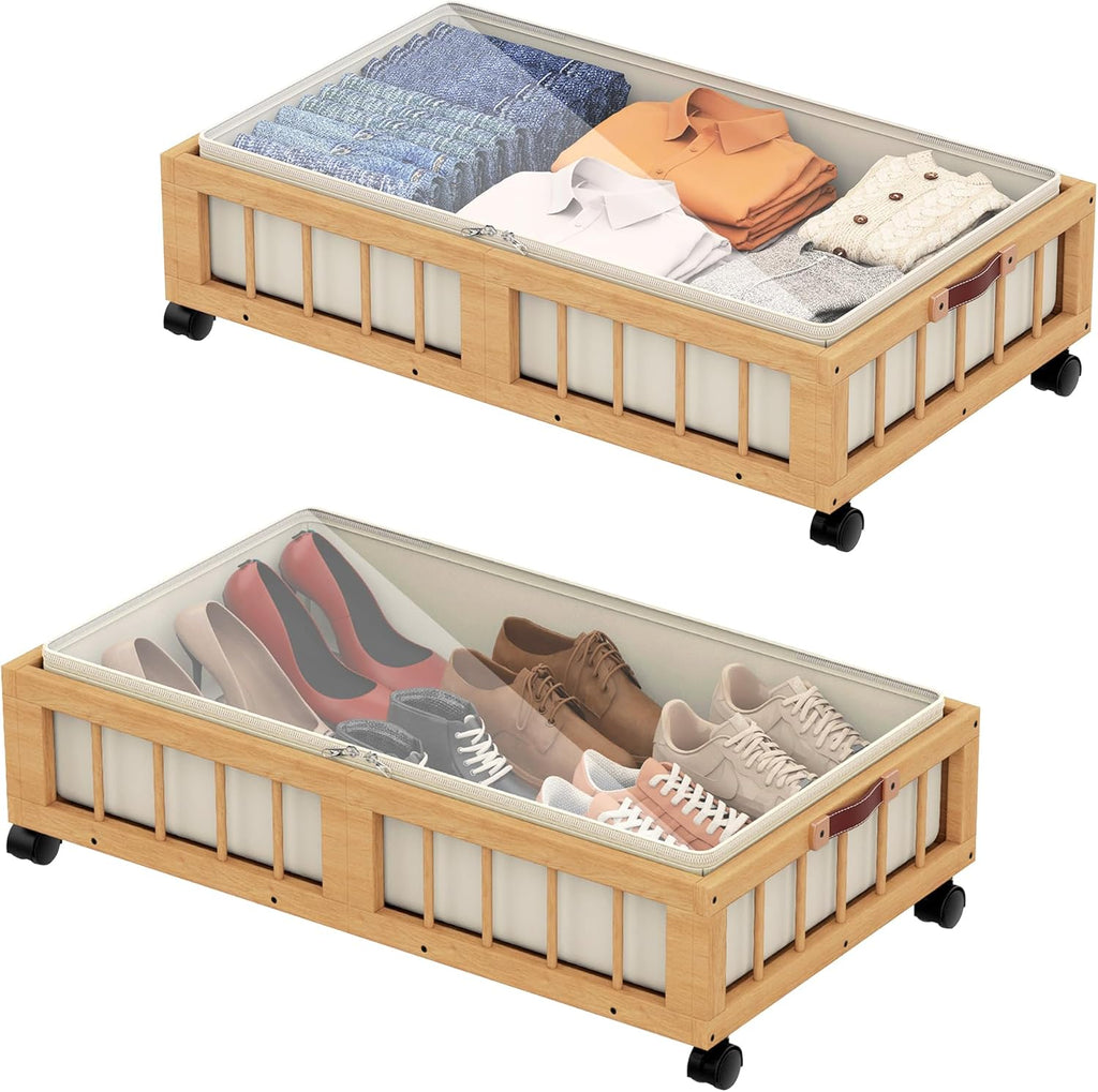 efluky 2-Pack Bamboo Under Bed Storage Containers with Wheels, Under Bed Clothes Storage Basket with Large Dust Bag, Rolling UnderBed Storage for Bedroom, Dorm and Basement, Nature