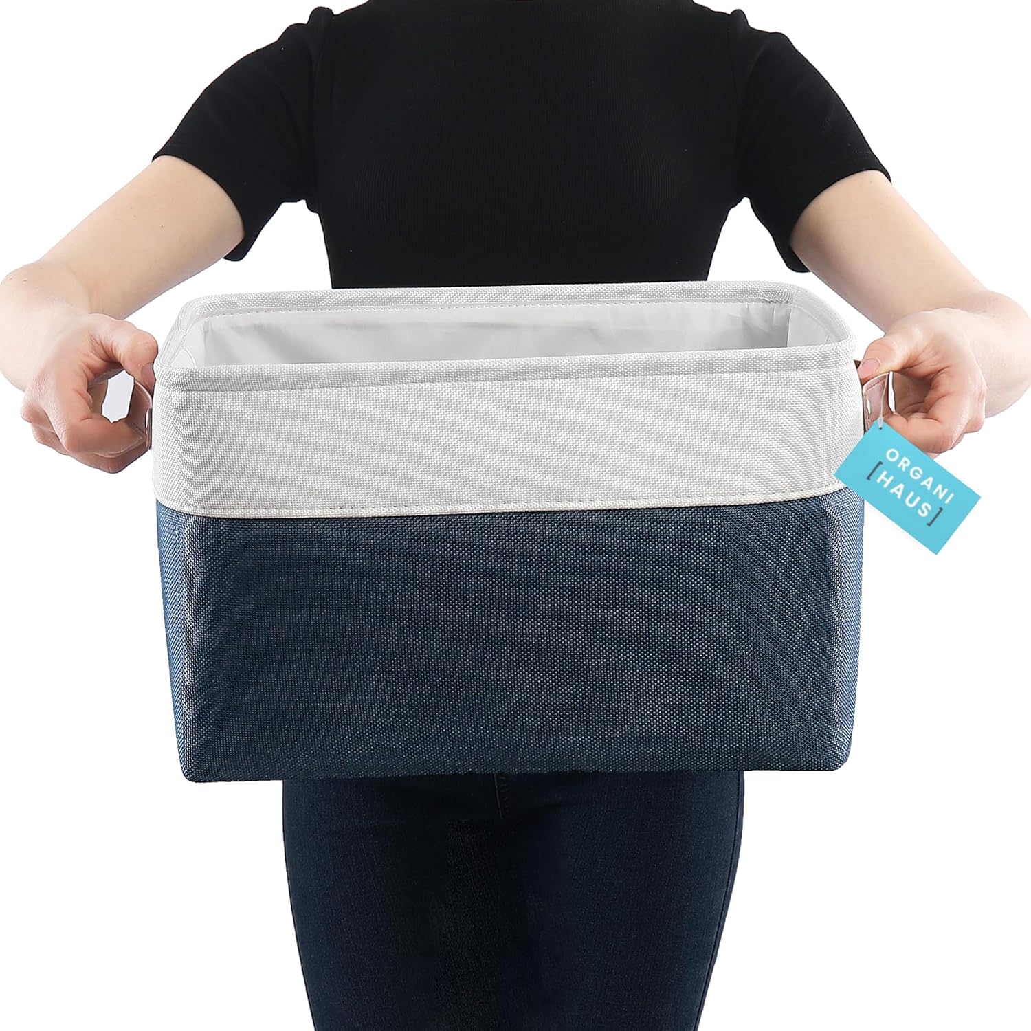 OrganiHaus Large Fabric Storage Baskets for Shelves 3 Pack, 15x11in Closet Storage Bins for Shelves, Cloth Baskets for Organizing, Linen Closet Organizers, Fabric Basket - Navy Blue/White