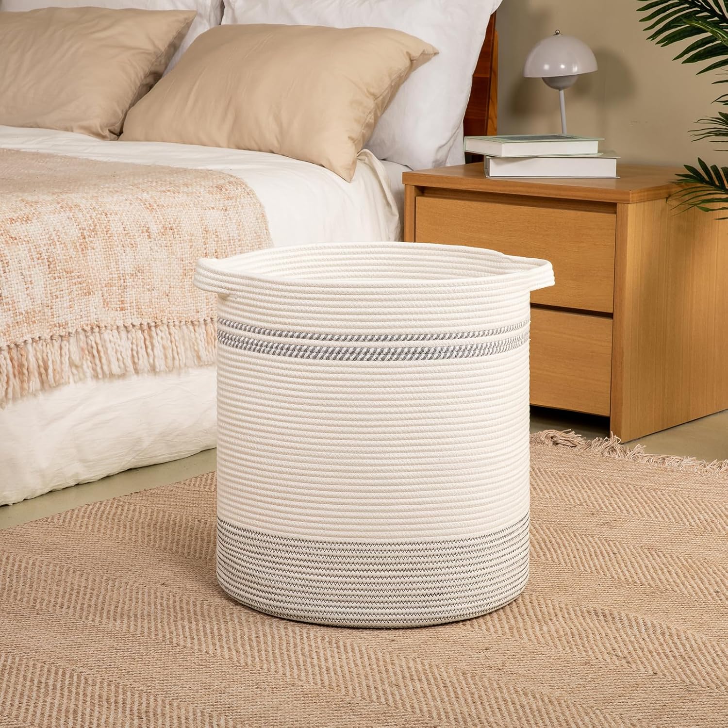 OIAHOMY 80L Laundry Basket, Laundry Hamper, Cotton Rope Storage Basket with Handles, Decorative Woven Basket for Living Room,Storage Baskets for Clothes, Blankets, and Toys -20''×18'', White&Gray