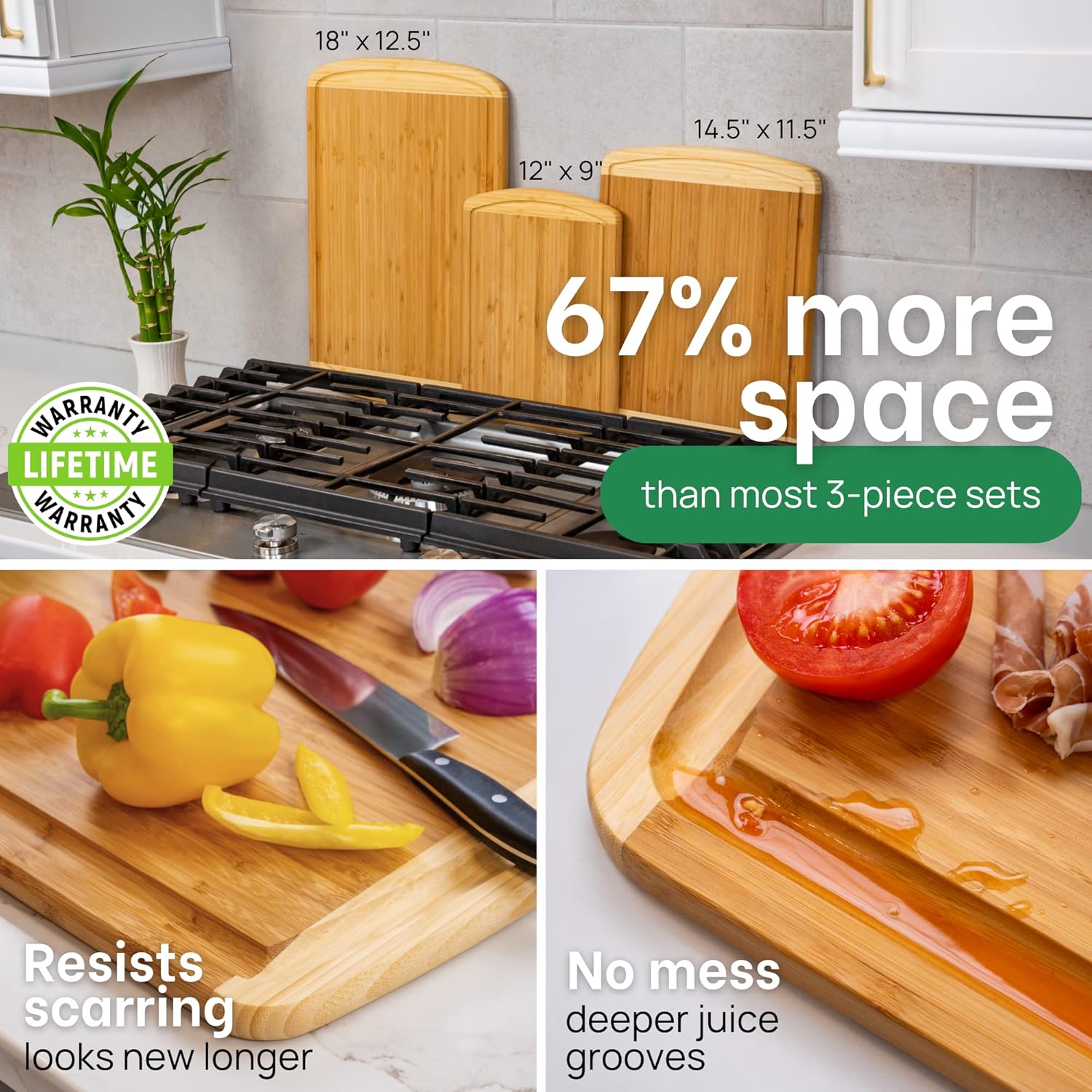 Extra Large Bamboo Cutting Board Set – Wood Cutting Boards for Kitchen, Non Toxic Cutting Board Set for Chopping, Slicing, Carving, Charcuterie – Ideal for Home Cooks, Entertaining, Family Meals