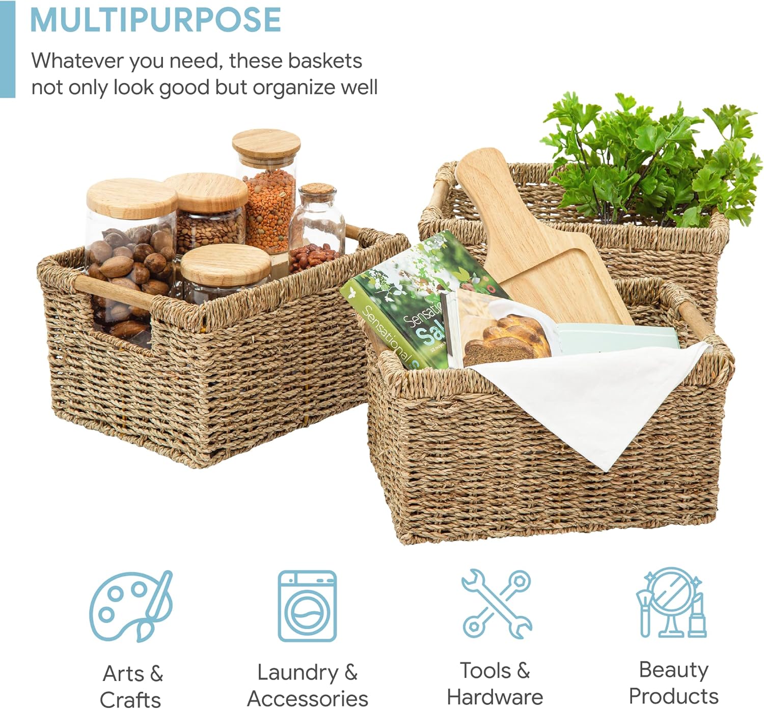 Natural Seagrass Basket with Wooden Handle, Medium Rectuangular Wicker Basket for Living Room 12.2 x 8.9 x 6.7 inches - 3 Pack