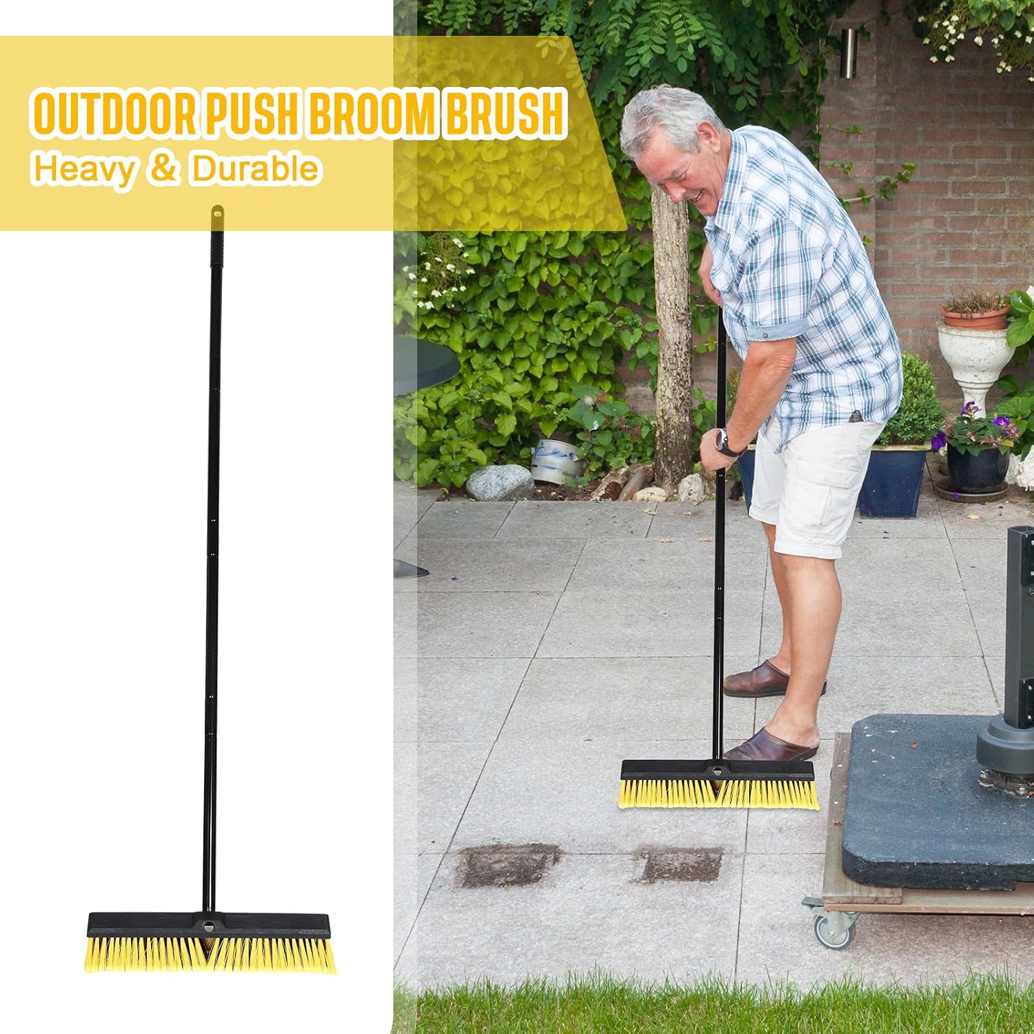 Zhehao 6 Pack 18 Inches Push Broom Outdoor, Multi Surface Garden Brush Broom with Adjustable 63" Long Handle for Deck, Driveway, Patio, Warehouse, Garage, Yard, Concrete Floor Cleaning