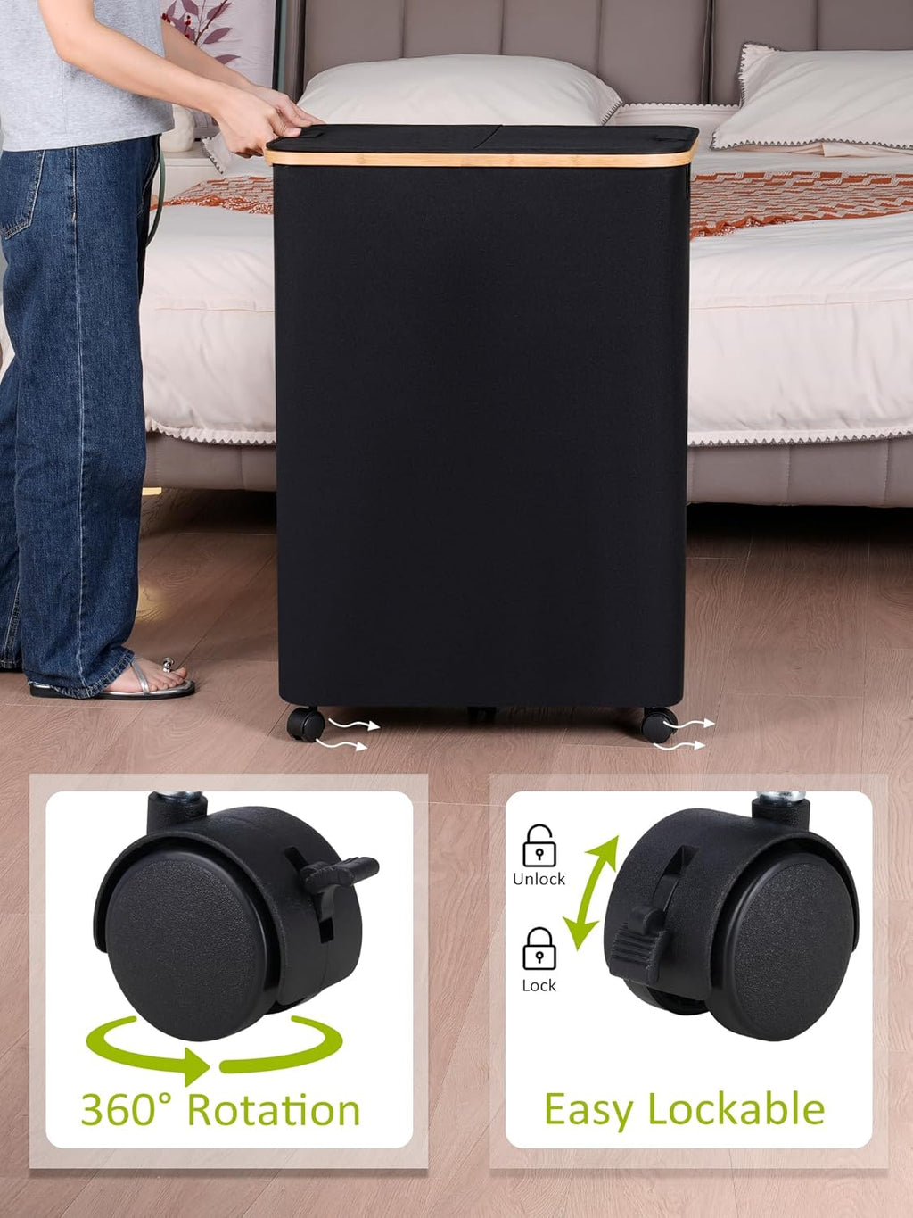 efluky Double Laundry Hamper with Wheels, Divided Laundry Hamper with Removable Bags, 2 Section Dirty Clothes Basket with Handles for Bathroom, Bedroom & Laundry Room, 160L Dark Black