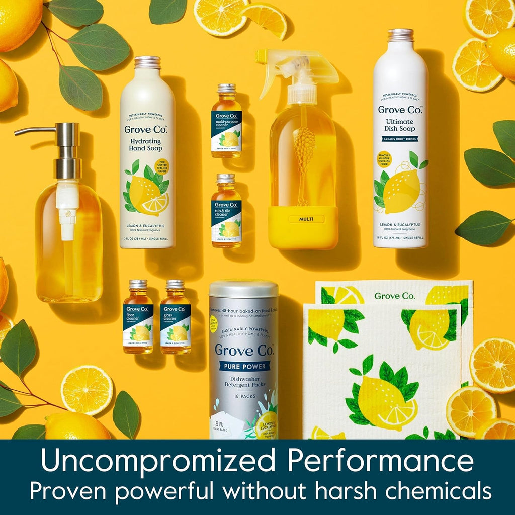 Grove Co. Tub and Tile Cleaner Refill Concentrate (2 x 1 Fl Oz) + 1 x Reusable Glass Spray Bottle (16 Oz) Plant-Based Cleaning Supplies Bundle, No Plastic Waste, Lemon & Eucalyptus Scent