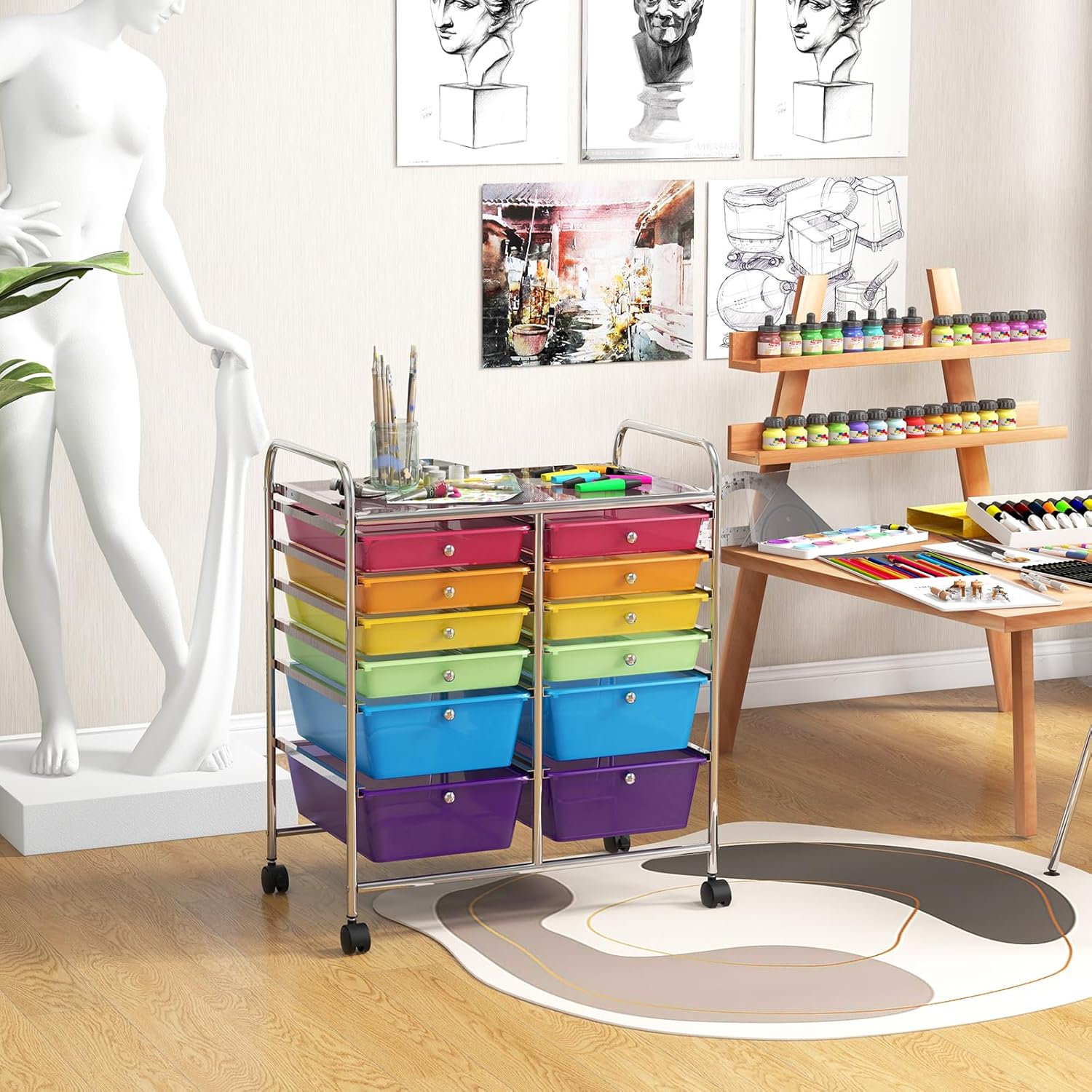 GOFLAME 12-Drawer Rolling Storage Cart, Multipurpose Organizer Cart with 2 Sizes Plastic Drawers, Mobile Utility Cart with Lockable Casters for School, Home Office, Beauty Salon, Rainbow