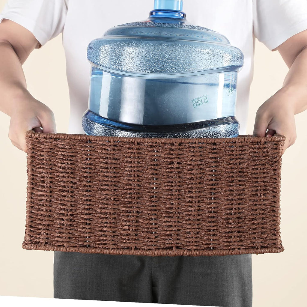 HOONEX Large Woven Baskets for Storage, Paper Rope Baskets with Sturdy Metal Wire Frame, Baskets for Shelves, Set of 3, Dark Brown