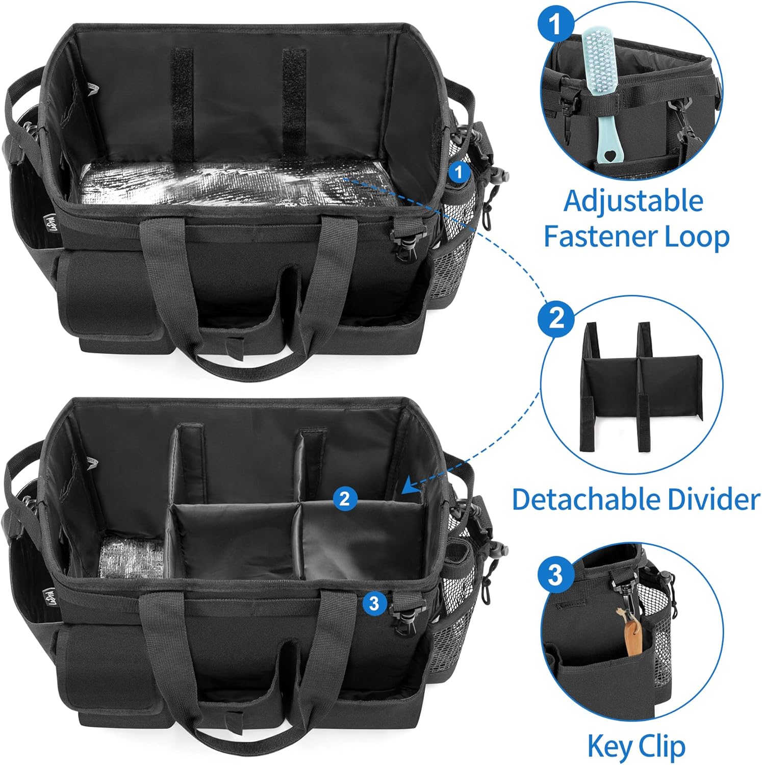 LoDrid Large Wearable Cleaning Caddy Bag with Detachable Divider, Cleaning Supply Tote with Handles, Organizer with Adjustable Shoulder Strap for Cleaners & Housekeepers, Black