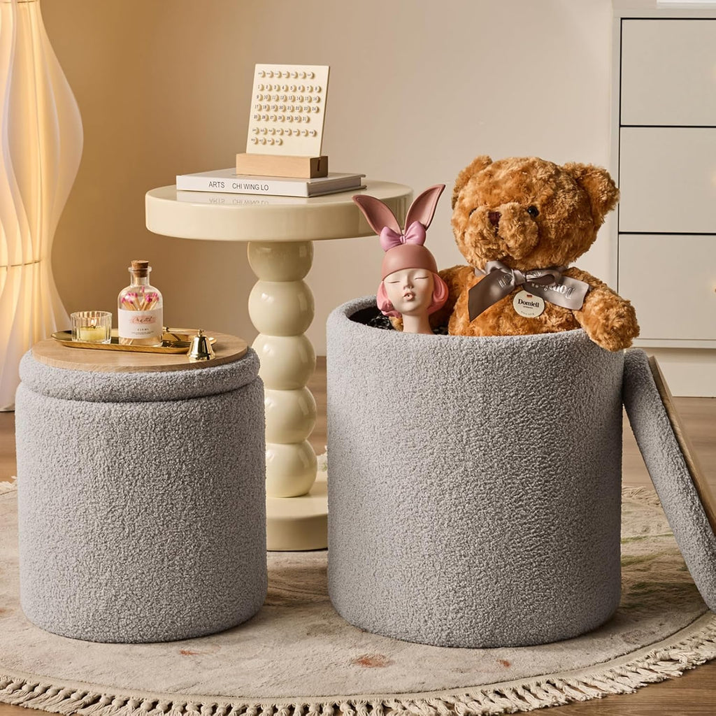 Round Ottoman with Storage Set of 2-Upholstered Sherpa Vanity Stool for Makeup Multifunctional Ottomans Coffee Table Padded Seat Foot Rest for Living Room&Bedroom(Sherpa Gray)