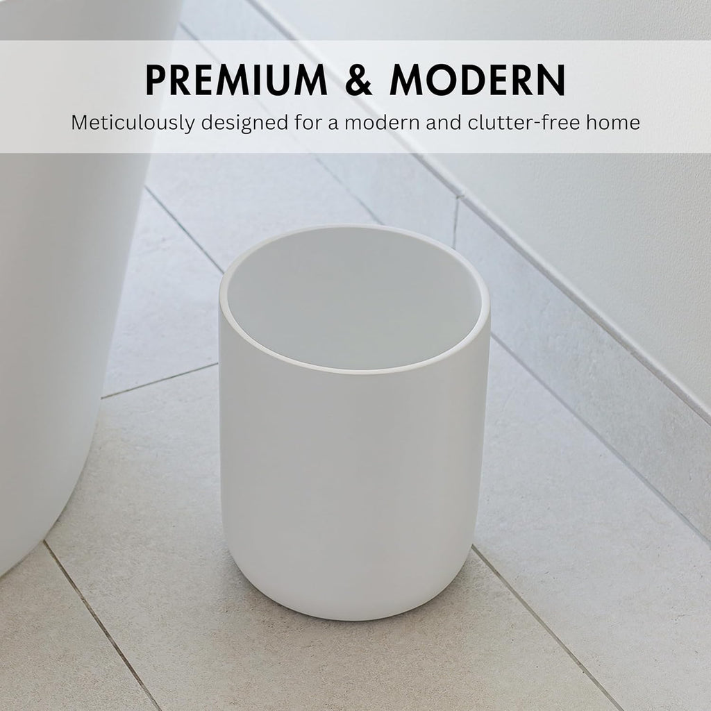 Matte White Round Compact Trash Can Mini, 2 Gallons / 7.5L Garbage Bin, Tiny Wastebasket for Bathrooms, Office, Under Desk, Bedroom, Laundry Room, Kitchen, Kids Room, and Dorm