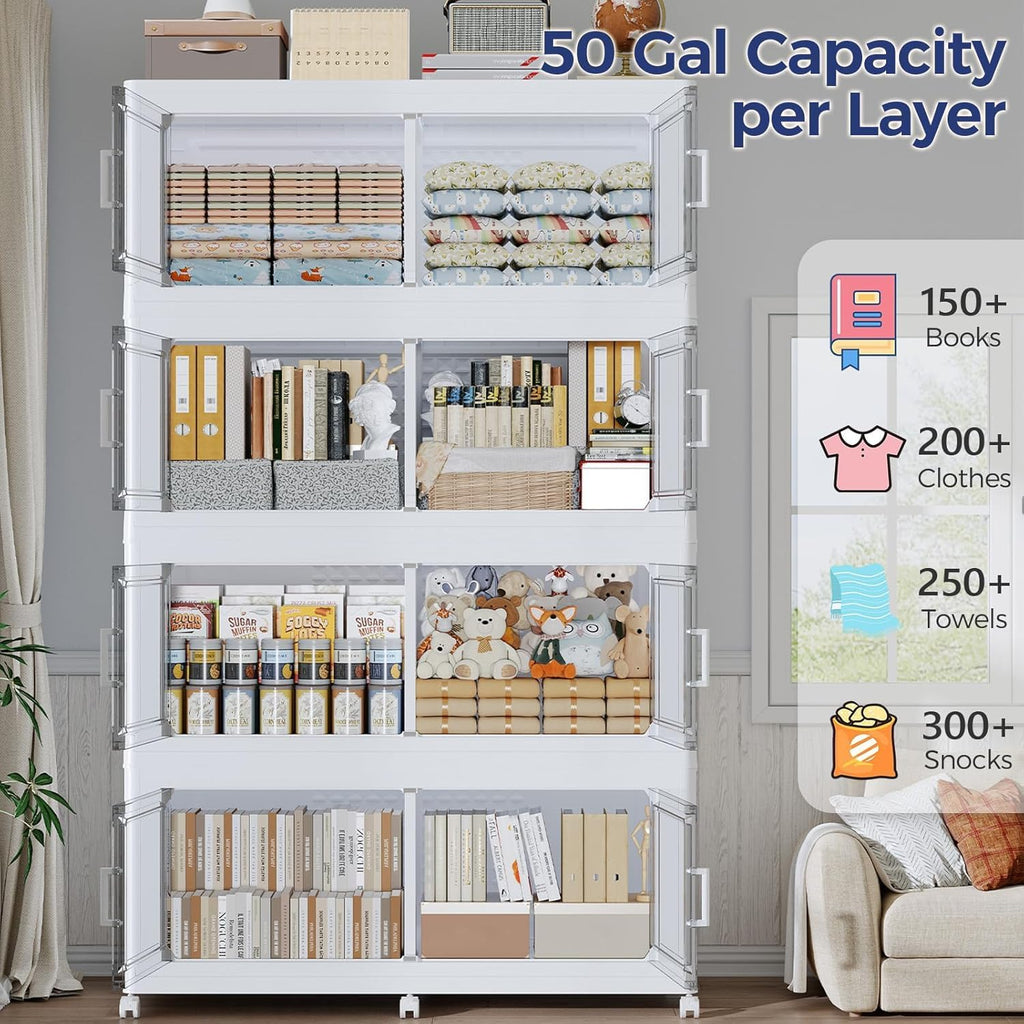 150GAL Extra Large Storage Bins with Lid, 600Qt Stackable Closet Organizers and Drawers, Collapsible Storage Bins with Wheels, Folding Storages Cabinet for Home Bedroom Office, 3Pack White