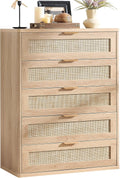 LEYAOYAO Rattan Dresser for Bedroom, 41" Tall Chest of Drawers, Modern 5 Drawers Boho Dressers with Storage, Light Oak Dresser Wooden Closet Organizer for Living Room, Hallway, Natural Wood