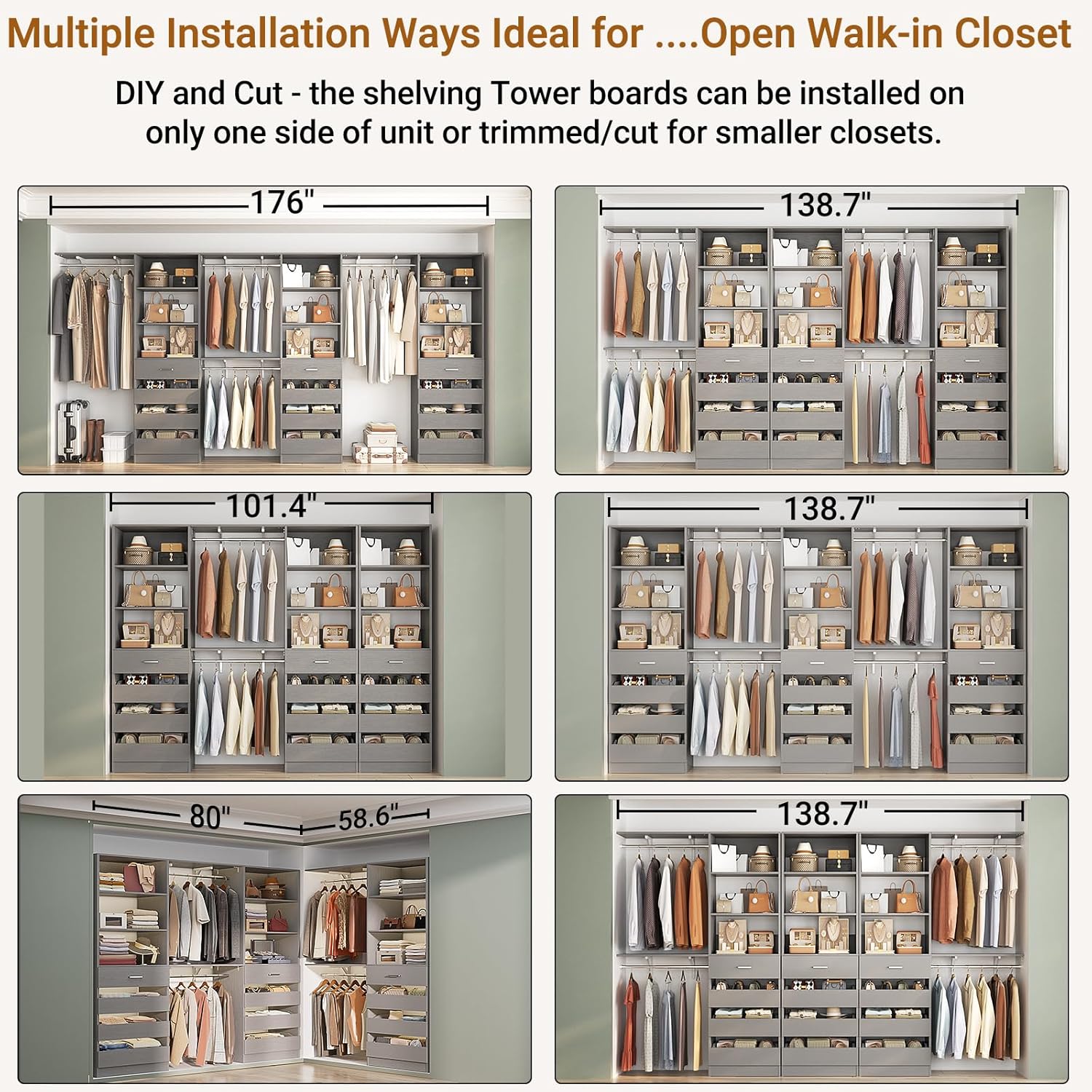 Aheaplus Closet System Set of 3, 138.5" Wood Closet Organizer System Tower with 12 Drawers & 4 Hanging Rods, 6.7+4.85Ft L Shaped Walk-in Closets Wardrobe Organizer Garment Rack with Shelves, Grey