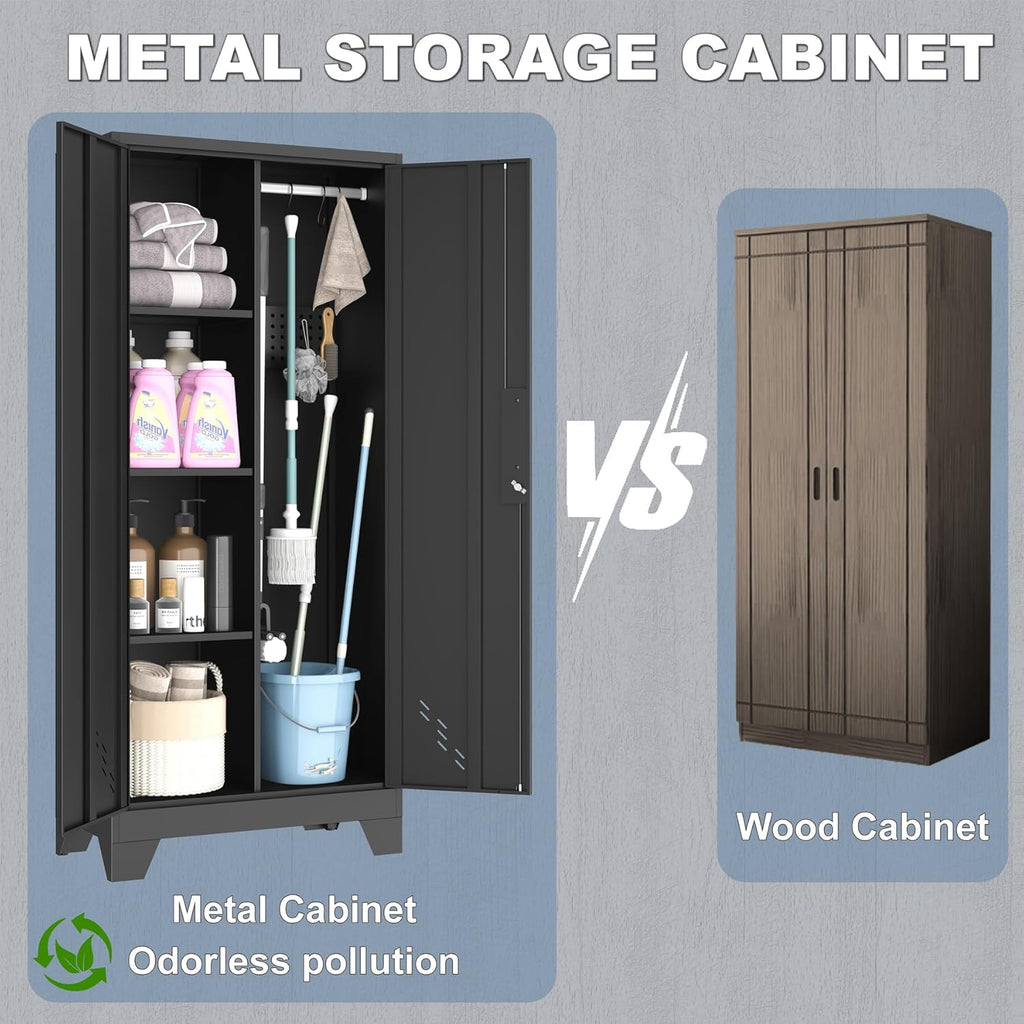 Metal Storage Cabinet with Locking Doors, 61" Tall Garage with Hanging Rod, Broom Closet, Freestanding Bathroom Storage Cabinet, Cleaning Tool,Black