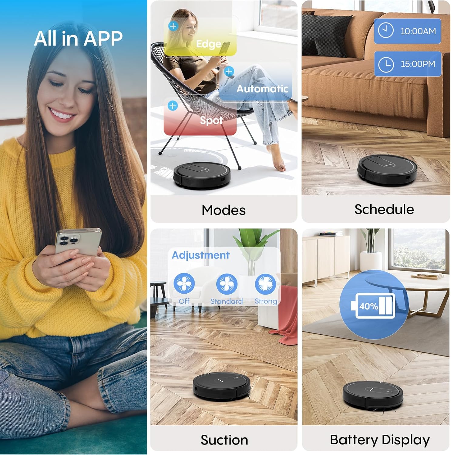 Bagotte Robot Vacuum and Mop with 5000Pa, Robot Vacuum Cleaner with Schedule, 4 in 1 Robotic Vacuum Cleaner,Ultra Slim,Self-Charging,Wi-Fi/Voice/App, Perfect for Pet, Hard Floors, Carpet