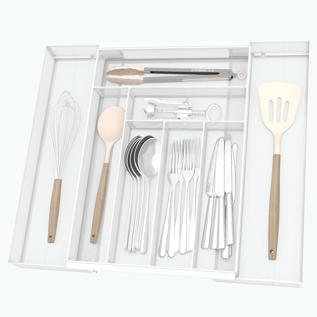 Silverware Organizer Metal Mesh, Large Drawer Organizer, Utensil Cutlery Tray for kitchen drawers, Expandable Flatware Organizer with 8 Compartment White 11.6"~20" x 17.3"