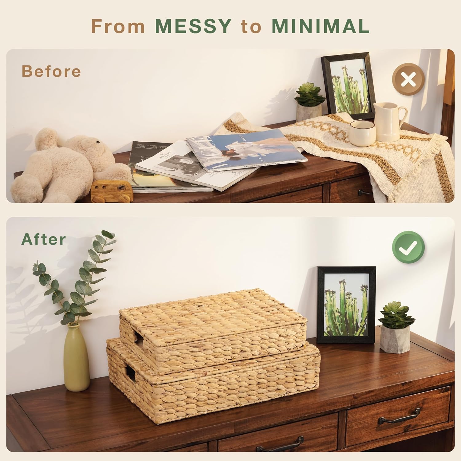 Set of 2 Wicker Baskets with Lid for Organizing - Decorative Storage Boxes With Lids for Home Decor, Shelves - Organic Modern Home Decor - Remote Box - Coffee Table Basket
