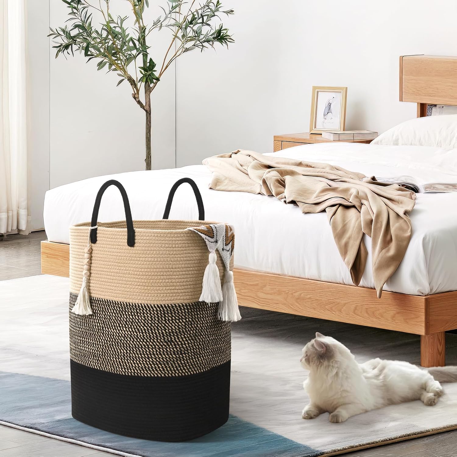Woven Laundry Basket for Clothes, 50 L Large Rectangle Laundry Hampers with Beads Tassel, Nursery Storage Basket for Toys, Tall Dirty Clothes Hamper for Bedroom Aesthetic, Laundry Room Organization