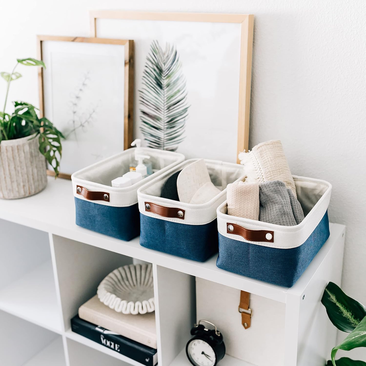 OrganiHaus Small Fabric Storage Baskets for Shelves 6 Pack, 12x8in Closet Storage Bins for Shelves, Cloth Baskets for Organizing, Linen Closet Organizers, Fabric Basket, Navy Blue/White