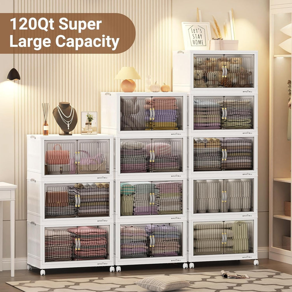 BROVIEW 360Qt Stackable Storage Bins with Lid, Extra Large Closet Organizer Collapsible Drawer Boxes with Wheels, Folding Plastic Cabinet Containers for Home Kitchen Room Organization, 3Pack White
