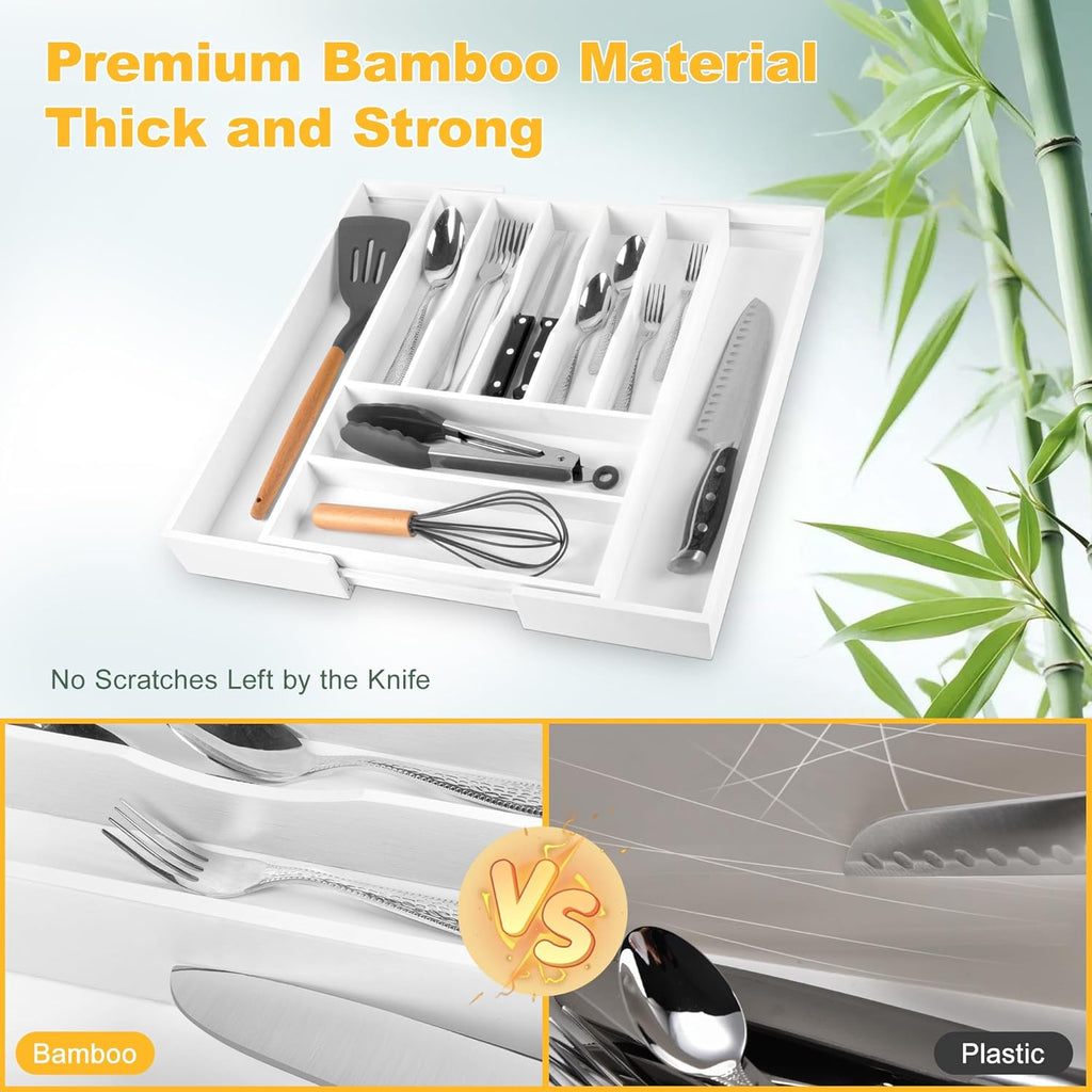 Large Premium Bamboo Silverware Organizer - Expandable Drawer Organizer & Utensil Organizer - 17"x19.7" Cutlery Tray with Dividers for Kitchen Utensils and Flatware (7-9 Slots) (White)