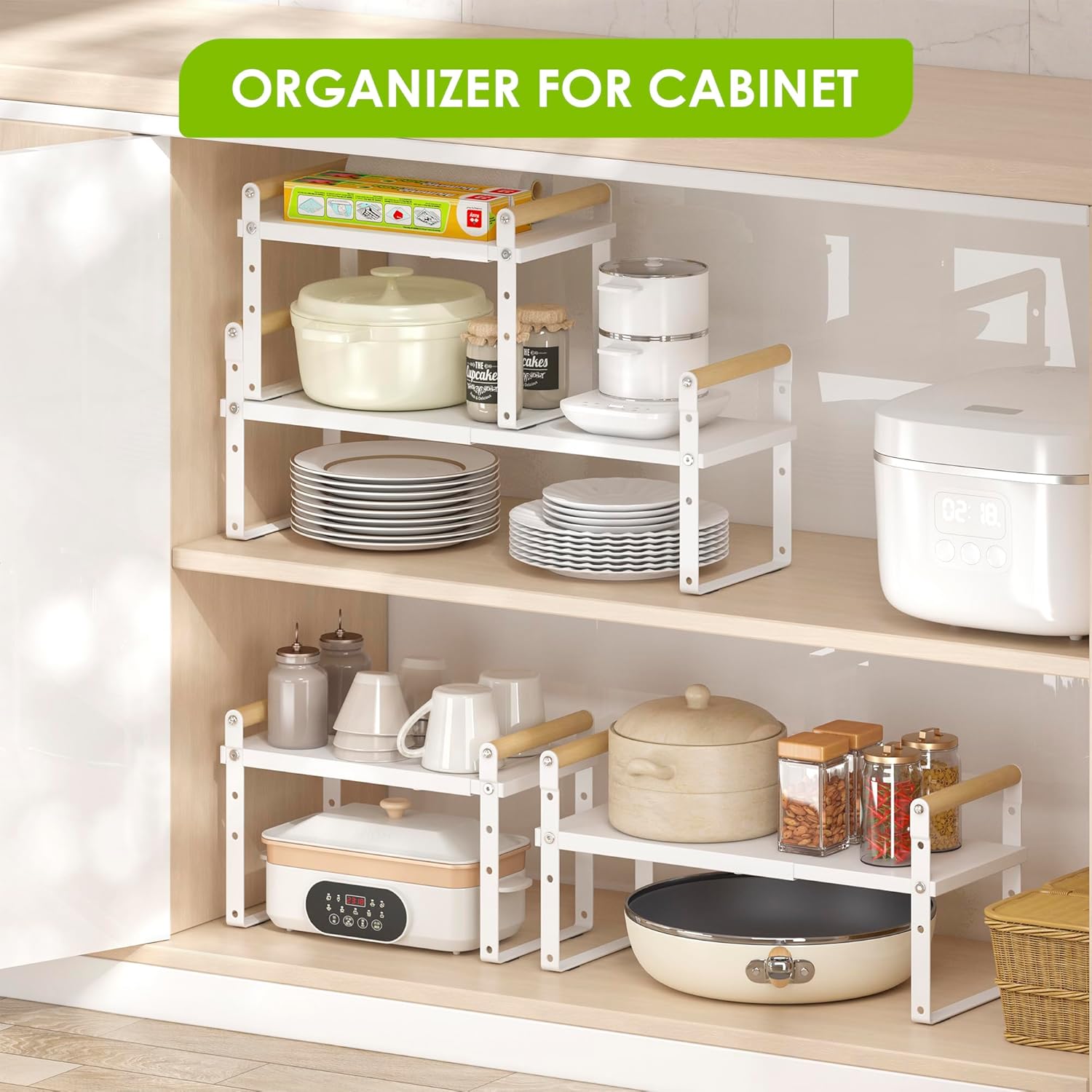 DOLALIKE Expandable kitchen Countertop Organizer, Stackable Cabinet Shelf Organizers, Space Saving Spice Rack Pantry Storage for Bathroom Office Organization (6.9''D*13-19.7''W*7.9''H, White)