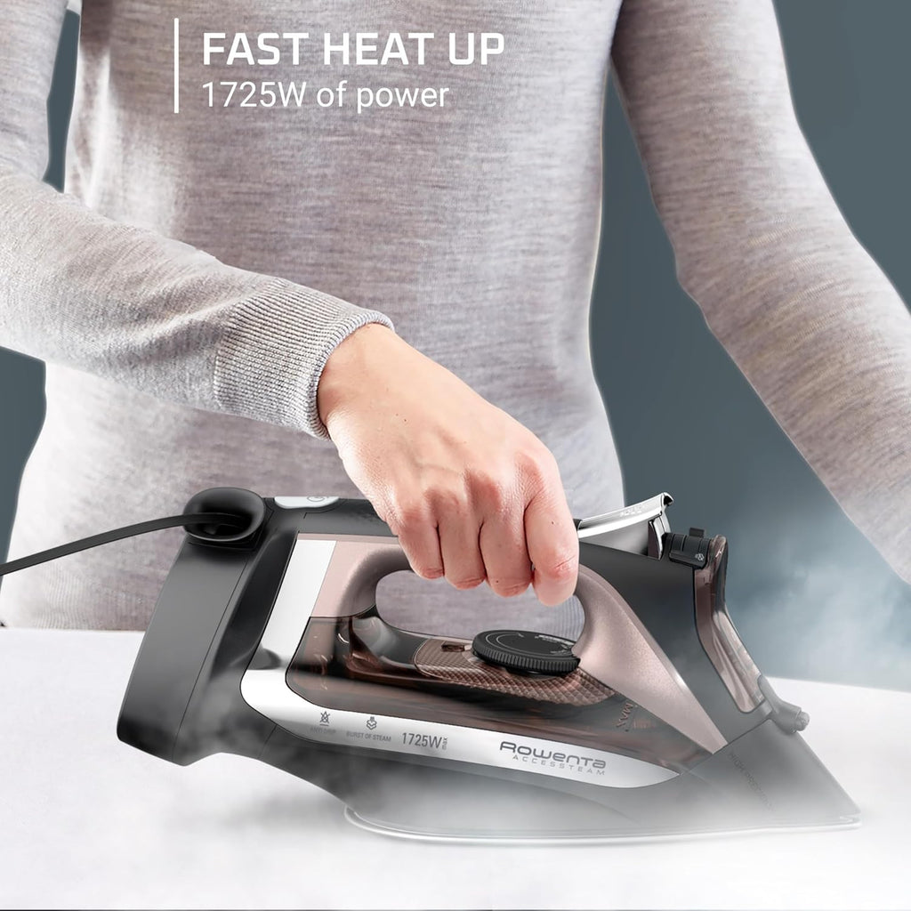 Rowenta Access Stainless Steel Soleplate Steam Iron with Retractable Cord, Powerful Steam Diffusion, Auto-Off and Anti-Drip, 1725 Watts, Black Clothes Iron, DW2459