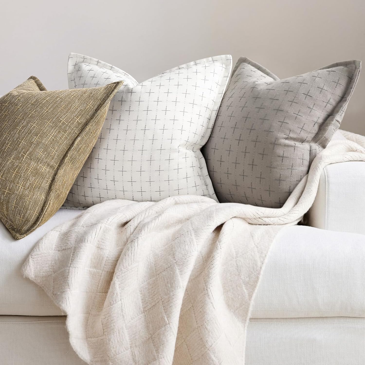 Pillow Covers 24x24 Set of 2 Soft Polyester Textured Pillow Covers with Stylish Flange Edge Cozy Farmhouse Throw Pillows for Couch Bed Sofa Living Room