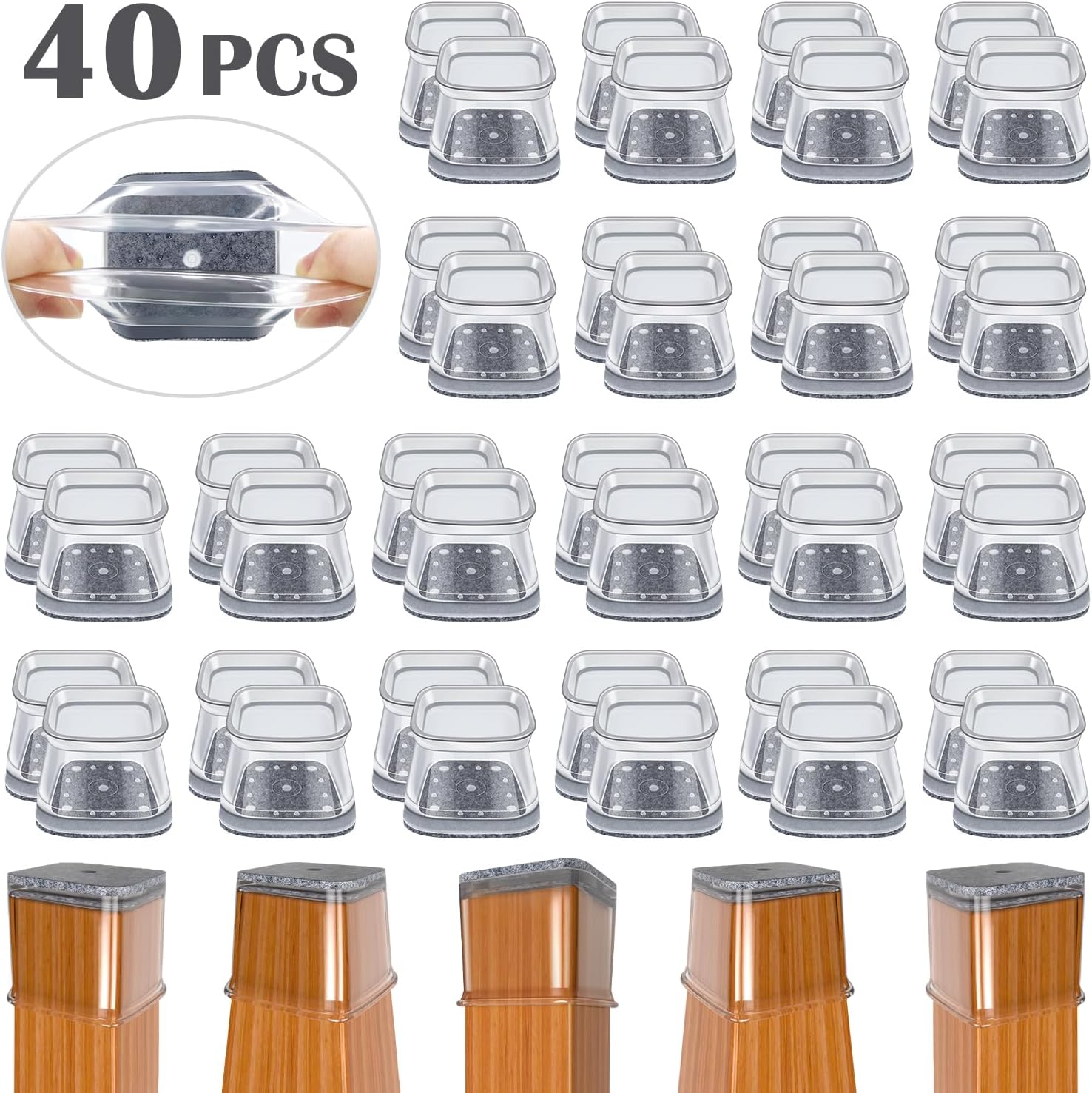 BUMACO Chair Leg Floor Protectors Square Chair Leg Protectors for Hardwood Floors Silicone Pads Covers to Protect Floors Clear-40 Pcs Square XL (1-5/8" to 2")