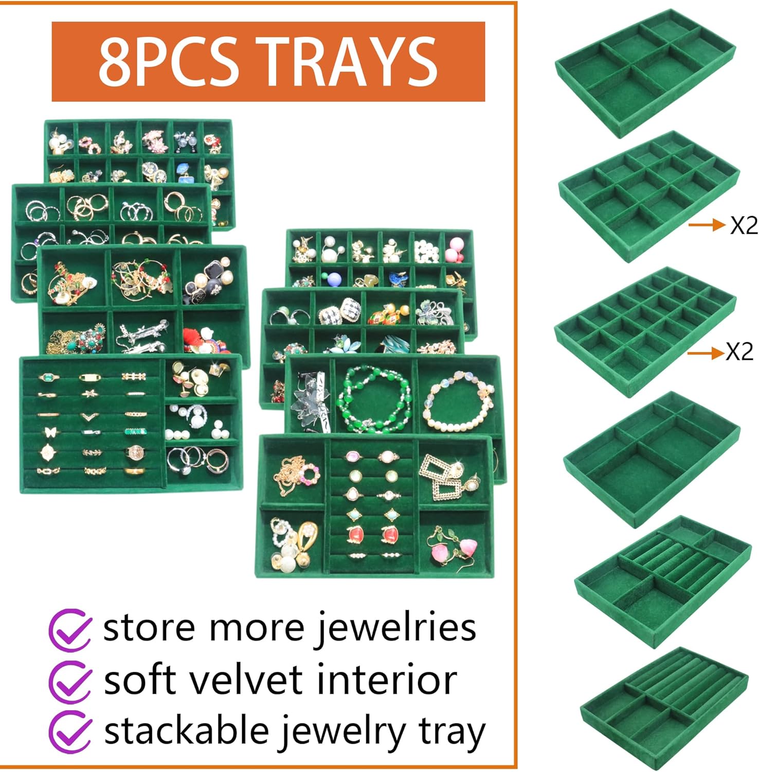 Jewelry Trays Organizer Set of 8 Stackable Jewellry Organizer Trays for Drawers Jewelryy Display Necklace Earring Bracelet