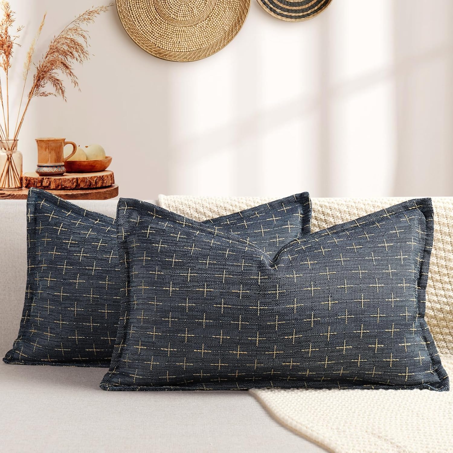 ZWJD 12x20 Pillow Covers Set of 2 Soft Polyester Textured Pillow Covers with Stylish Flange Edge Cozy Farmhouse Throw Pillows for Couch Bed Sofa Living Room