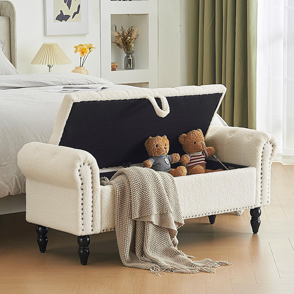 Furnimart Storage Ottoman Bench for Queen Size Bed, Faux Fur Upholstered Storage Bench Accent Bench with Rolled Arms for Bedroom,Living Room, Entryway, 2.5Cubic Feet