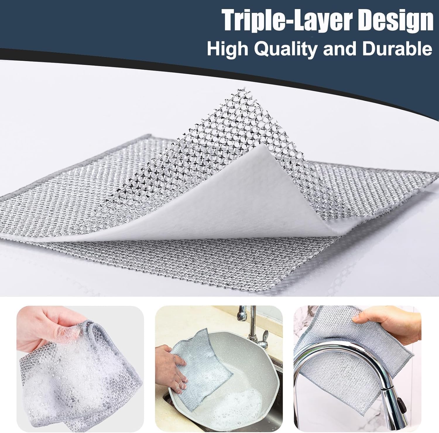 Navona 20 Pcs New Upgrade Steel Wire Dishcloth,Triple-Layer Steel Wire Cleaning Cloth,Powerful Cleaning Non-Scratch Wire Dishcloth Rag for Cookware, Sinks, Dishes, Stove Tops, 20pack, NA-608