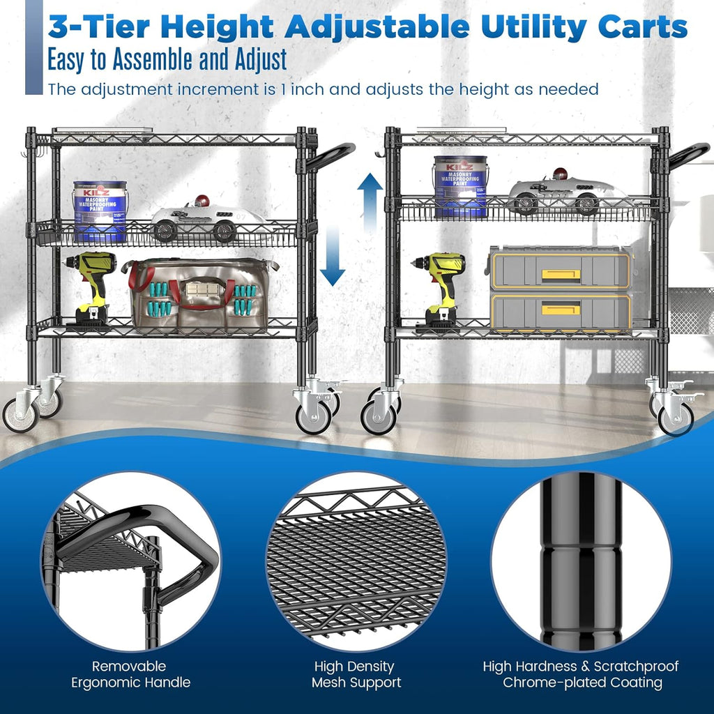 Leteuke 3 Tier Rolling Carts with Wheels,990Lbs Heavy Duty Rolling Utility Cart,NSF Commercial Grade Metal Cart with Handle&Shelf Liner,Trolley Serving Cart for Kitchen,Restaurant,Plant Display,Black