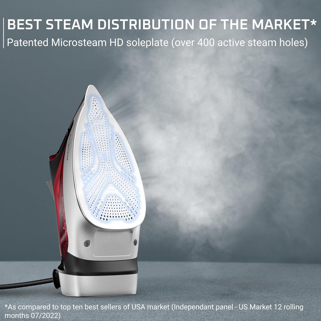 Rowenta Iron, Focus Excellence Stainless Steel Soleplate Steam Iron for Clothes, Retractable Cord, 400+ Microsteam Holes, Powerful steam, LED Display, 1750 W Ironing Clothes, Cordreel, Red DW5433