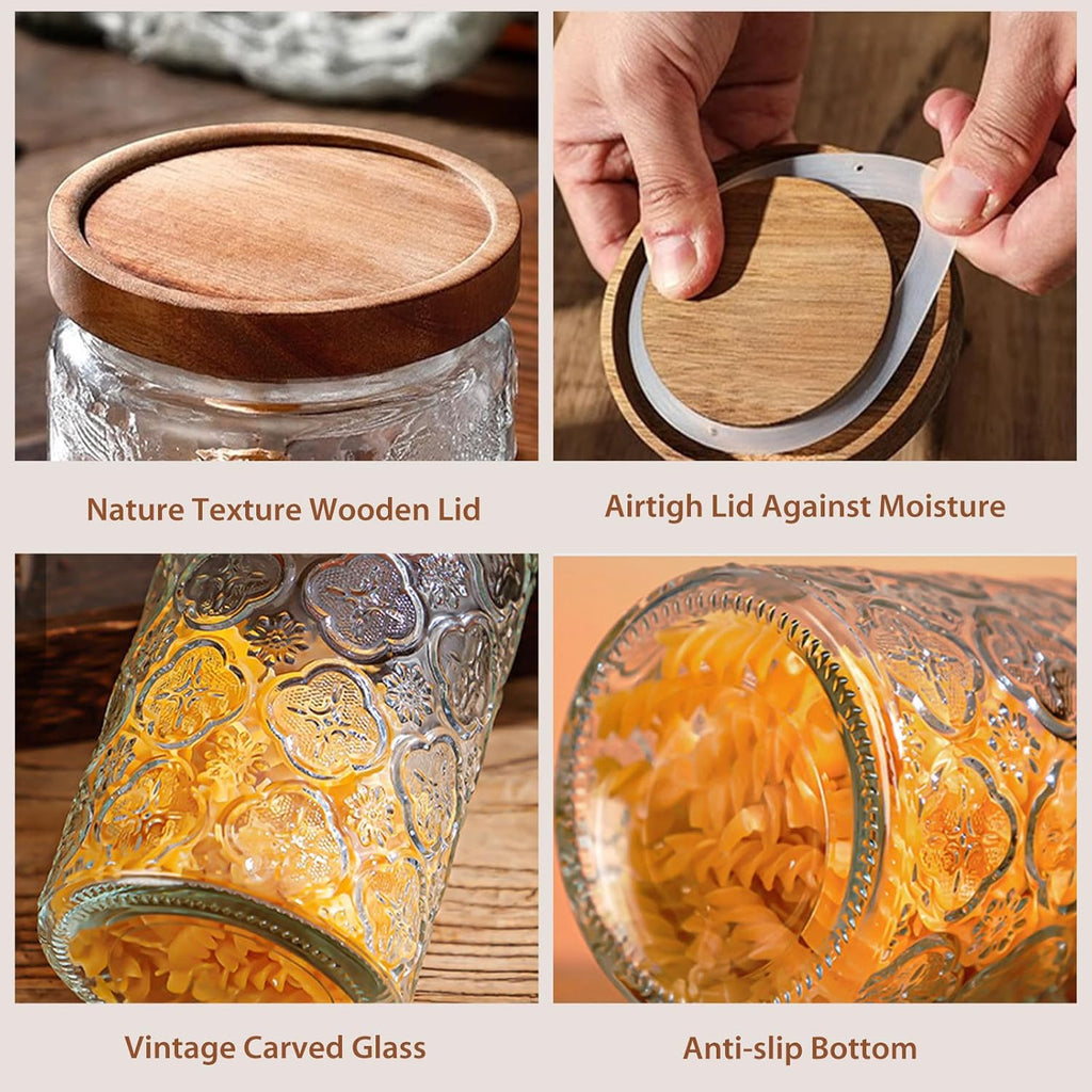 24 OZ/4 PCS Glass Storage Jar with Airtight Bamboo Wooden Lids, Vintage Food Containers Canisters Sets for Kitchen Counter Pantry, Sugar, Flour, Candy, Tea, Coffee Beans, Oats, Grain Bin, Pasta,