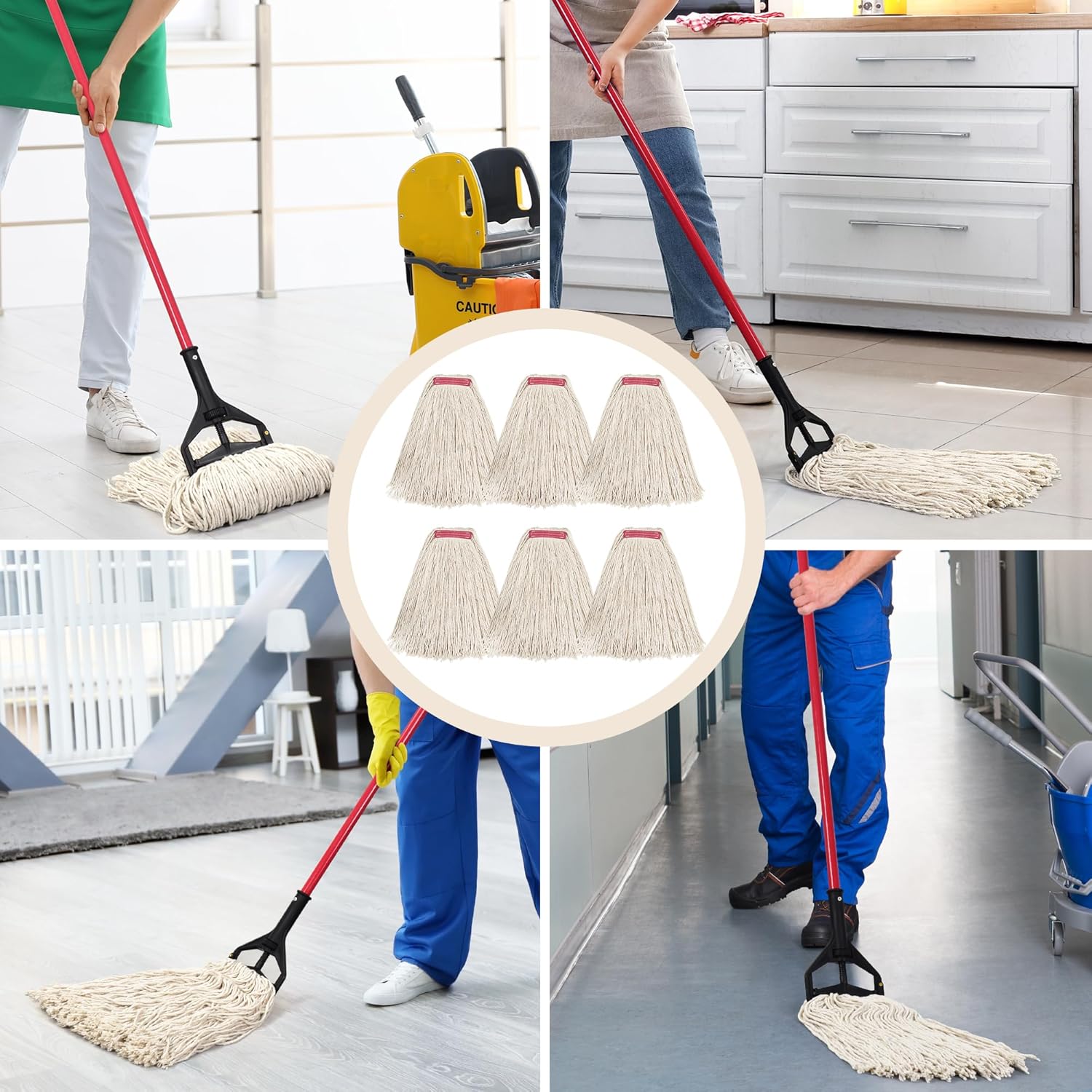 Matthew Cleaning 24oz 6Pack Cotton Floor Mop, Looped-Open String Heavy Duty Refills, Universal Headband Blend, Head Replacement for Home, Industrial and Commercial Use (White)