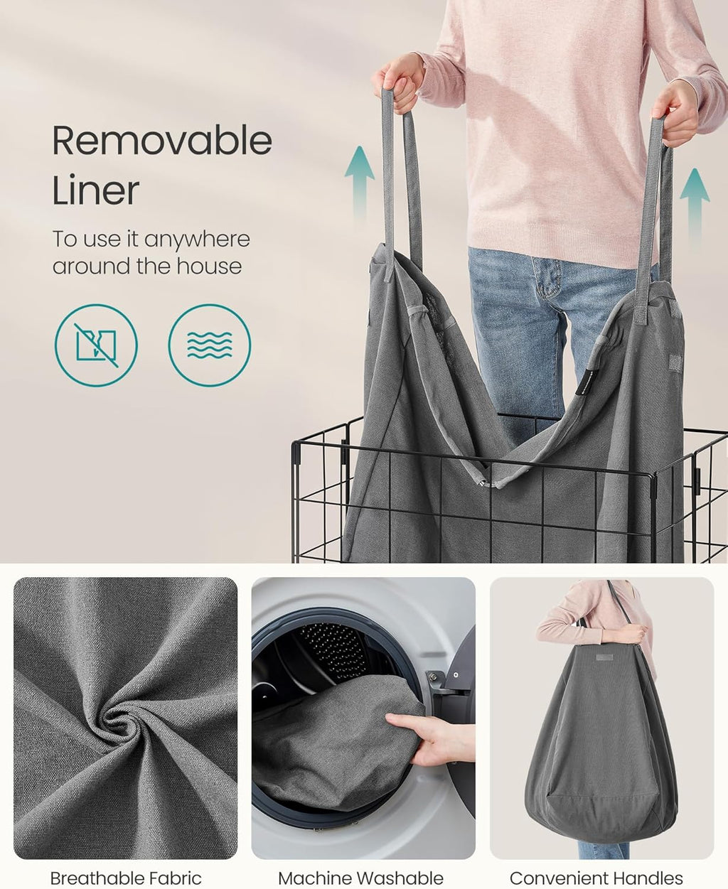 SONGMICS Laundry Hamper, 34.3 Gal. (130L) Laundry Basket, Collapsible Clothes Hamper, Removable and Washable Liner, Metal Wire Frame, for Bedroom Bathroom, Black and Gray ULCB113G01