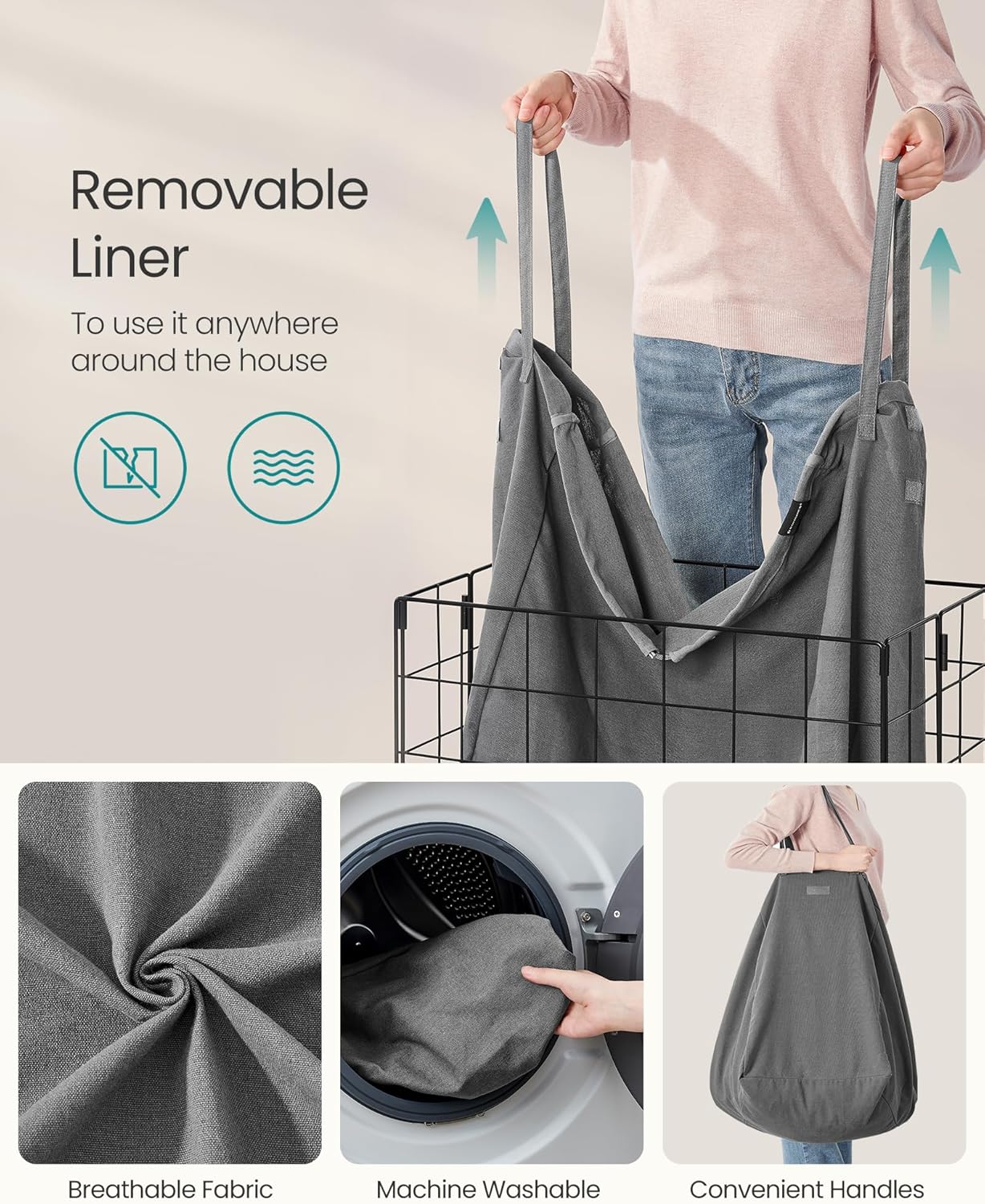 SONGMICS Laundry Hamper, 34.3 Gal. (130L) Laundry Basket, Collapsible Clothes Hamper, Removable and Washable Liner, Metal Wire Frame, for Bedroom Bathroom, Black and Gray ULCB113G01