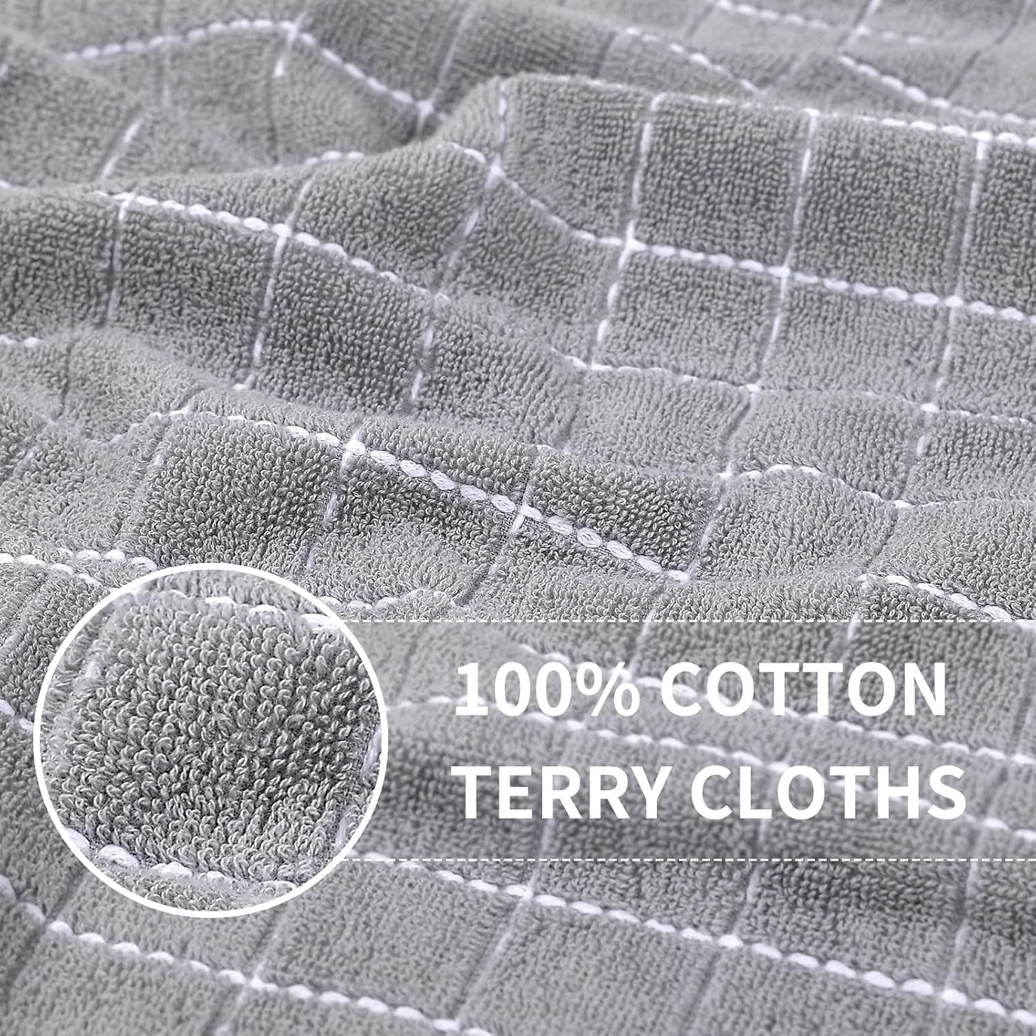 Homaxy 100% Cotton Terry Kitchen Towels(Light Grey, 13 x 28 inches), Checkered Designed, Soft and Super Absorbent Dish Towels, 8 Pack