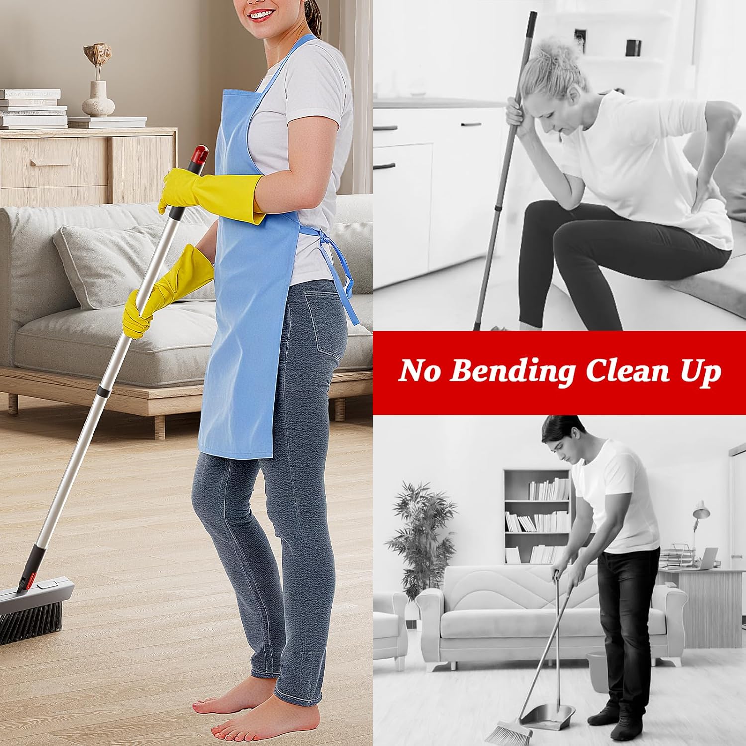 Broom with Dustpan Combo Set 50” Adjustable Long Handle 180 Degree Rotating Broom Set with Comb Teeth Upright Standing Dust Pan for Home Room Kitchen