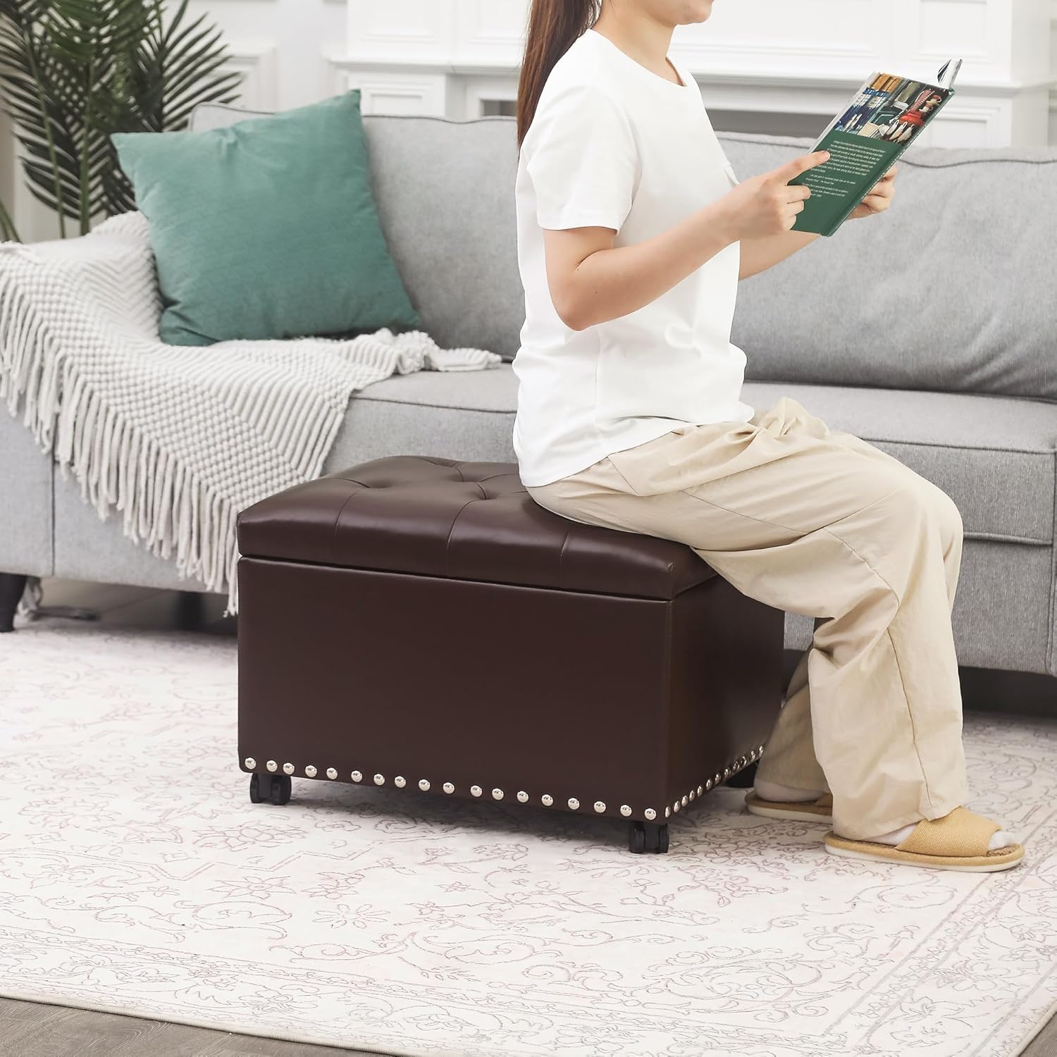 Joveco Leather Storage Ottoman with 360° Caster Wheels 24" Foot Rest Bench Rectangle Ottomans Stool for Living Room Bedroom (Brown, Wheels)